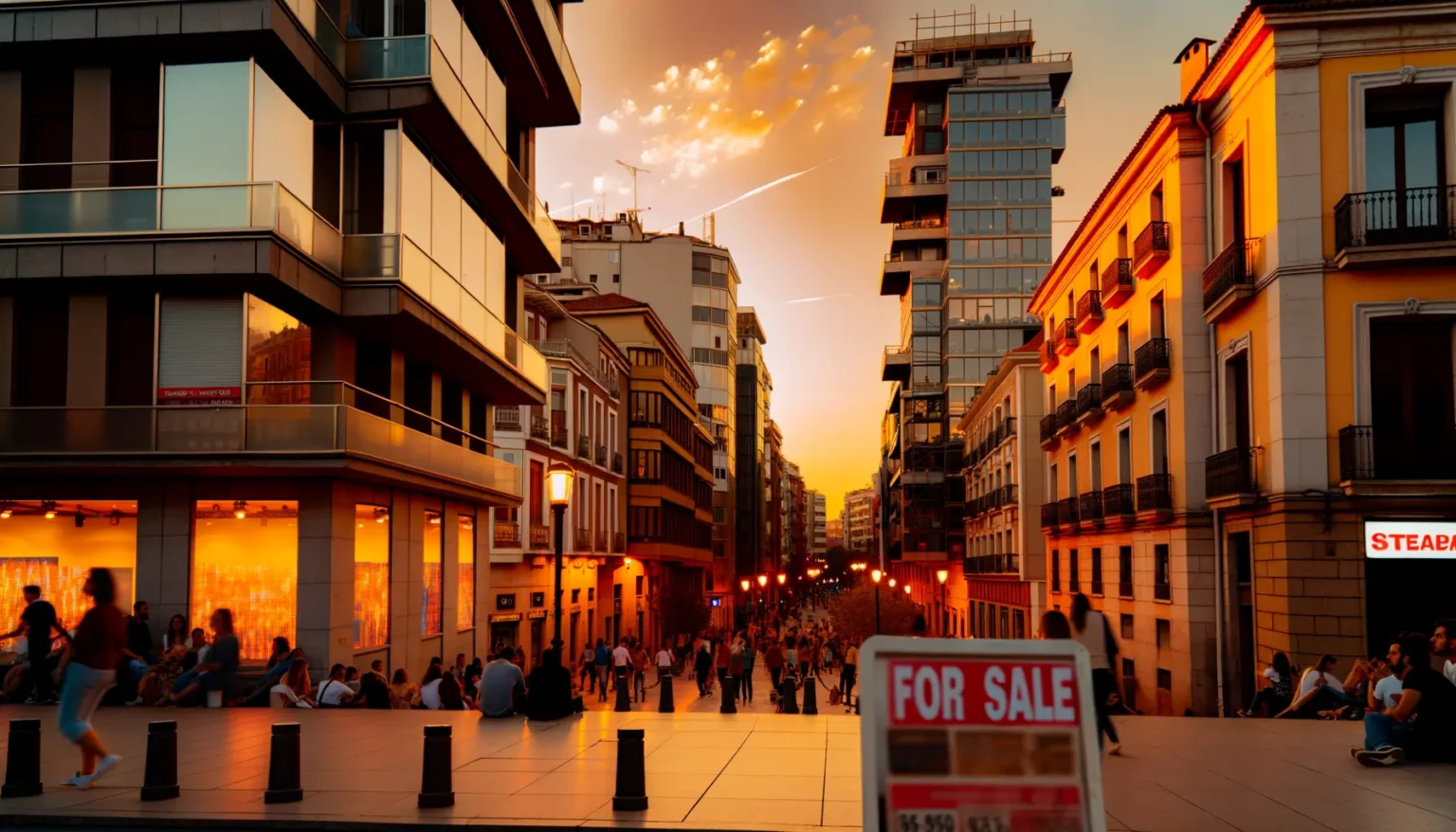 Sonnenuntergangszenario in einer belebten Stadtstraße mit modernen und traditionellen Gebäuden. Menschen gehen und sitzen in Gruppen, genießen den Abend. Himmel mit orange-gelben Farben und leichte Wolken. Ein Schild mit der Aufschrift "FOR SALE" im Vordergrund.