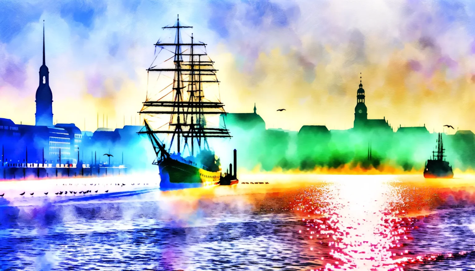 Farbenfrohe, stilisierte Darstellung einer Hafenstadt bei Sonnenuntergang mit Silhouetten von Schiffen, darunter ein Großsegler, und Gebäuden im Hintergrund, wobei das Wasser reflektierende Sonnenlichteffekte zeigt.