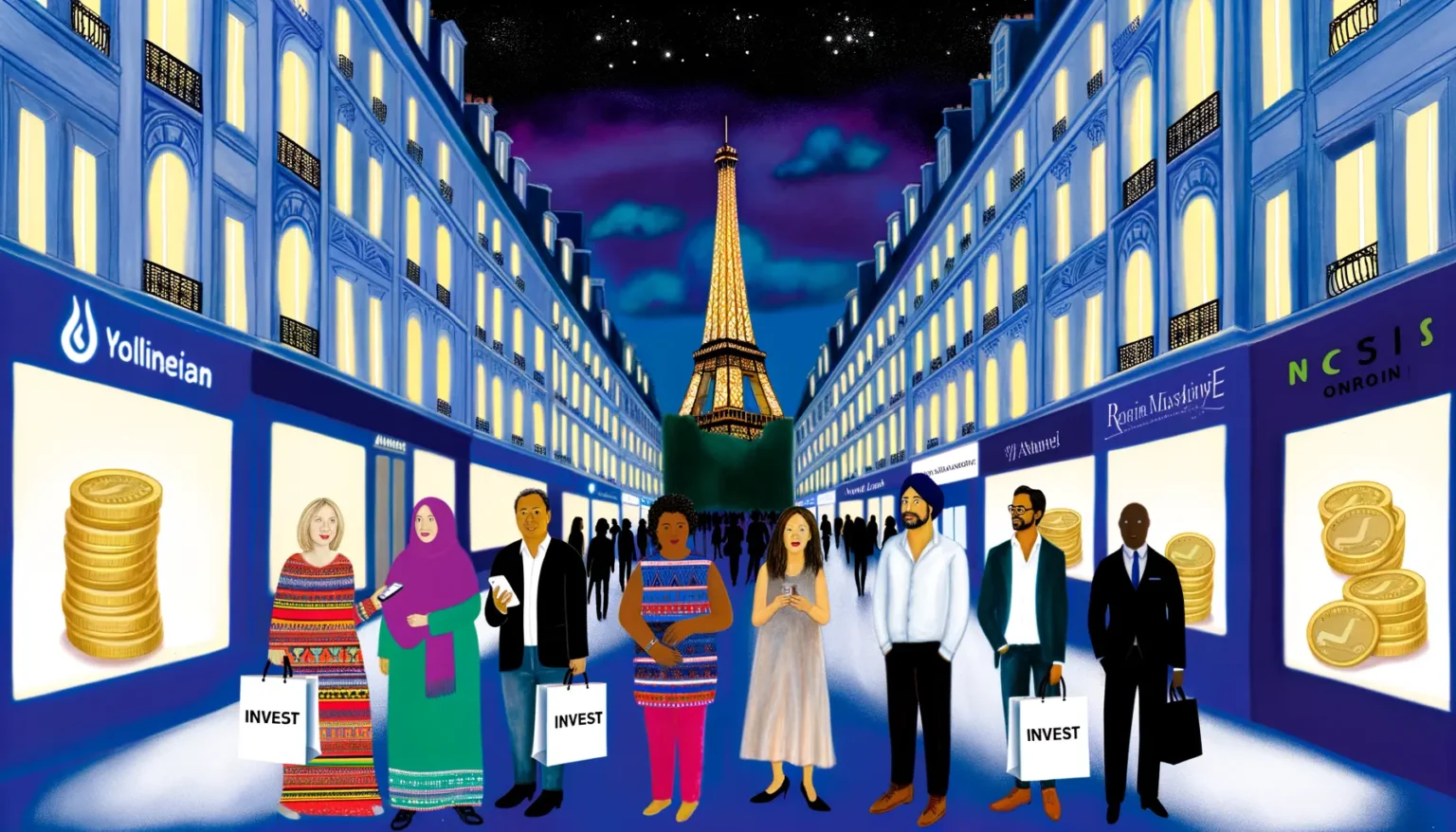 Illustration einer belebten Einkaufsstraße bei Nacht mit stilisierten Gebäuden und dem Eiffelturm im Hintergrund. Mehrere Personen verschiedener Ethnien und Berufe stehen im Vordergrund, einige halten Einkaufstaschen mit der Aufschrift "INVEST". Im Bildvordergrund sind Stapel von Goldmünzen platziert. Die Schaufenster entlang der Straße zeigen Unternehmenslogos und fiktive Markennamen.