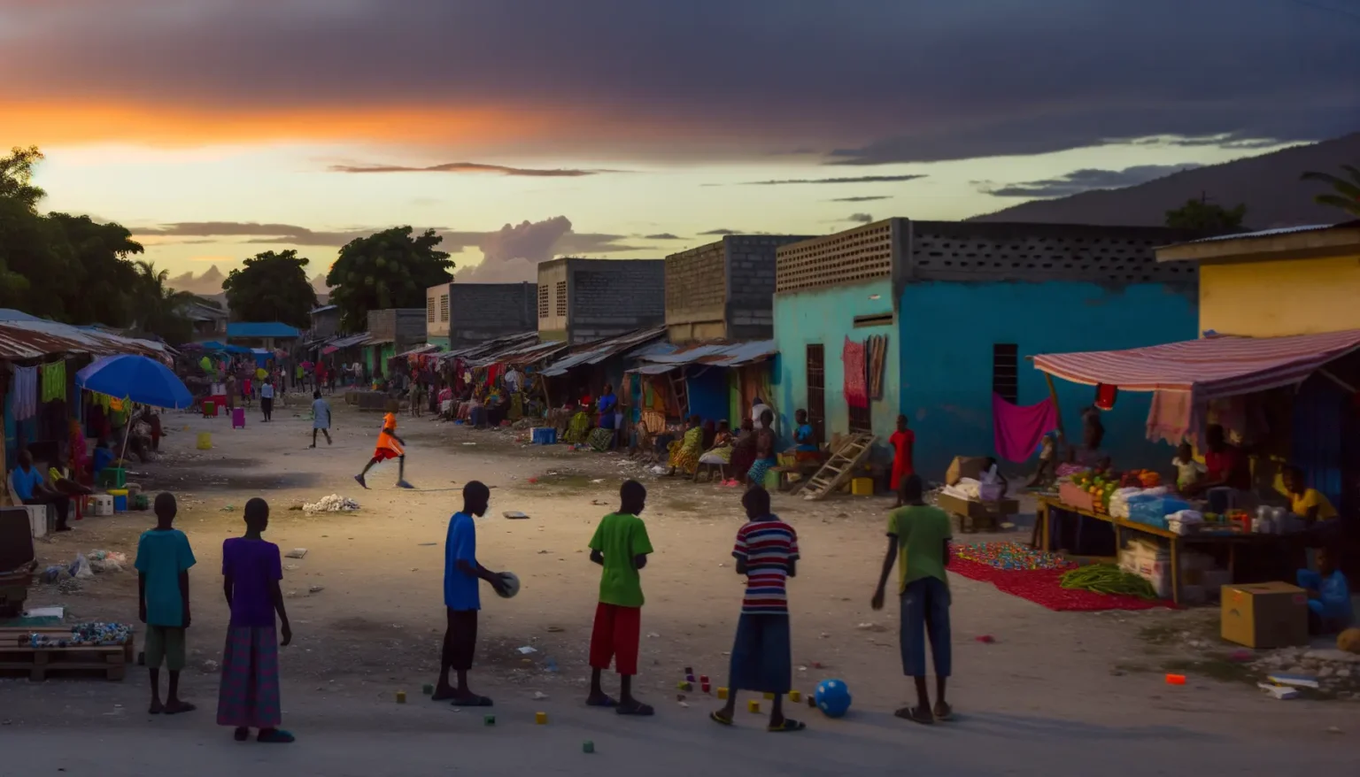 Eine belebte Straße in einem Dorf bei Sonnenuntergang mit Menschen, die sich unterhalten, spazieren gehen und auf einem staubigen Platz Fußball spielen. Die bunten Fassaden der Häuser und Marktstände mit Waren bieten einen farbenfrohen Kontrast zum dramatisch gefärbten Himmel im Hintergrund.