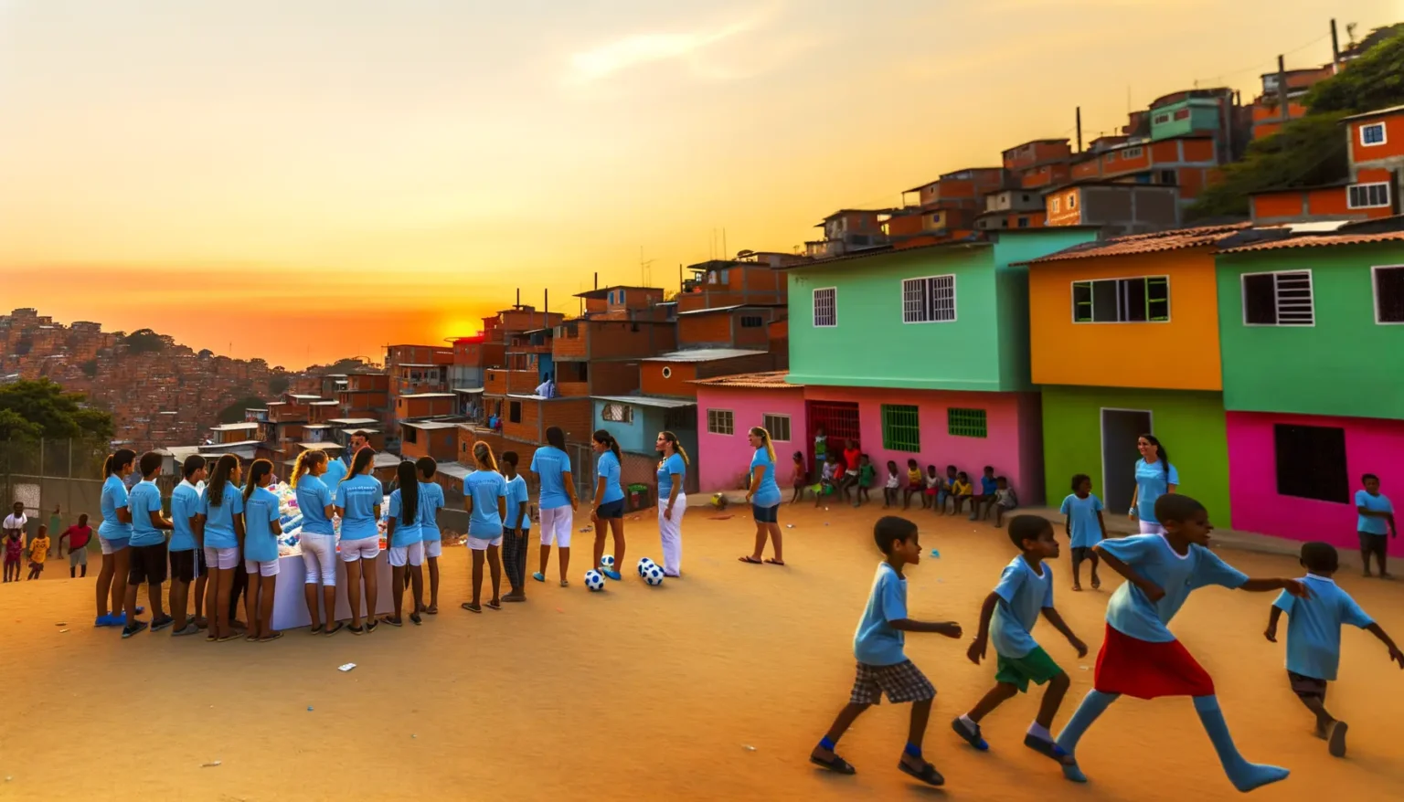 Gruppe von Kindern und Jugendlichen in blauen T-Shirts, die offenbar an einer Freiluft-Aktivität auf einem staubigen Platz vor farbenfrohen Häusern teilnehmen. Im Hintergrund sind dicht bebaute Hügel unter einem orange-blauen Himmel bei Sonnenuntergang zu sehen. Einige der Kinder spielen mit Fußbällen.