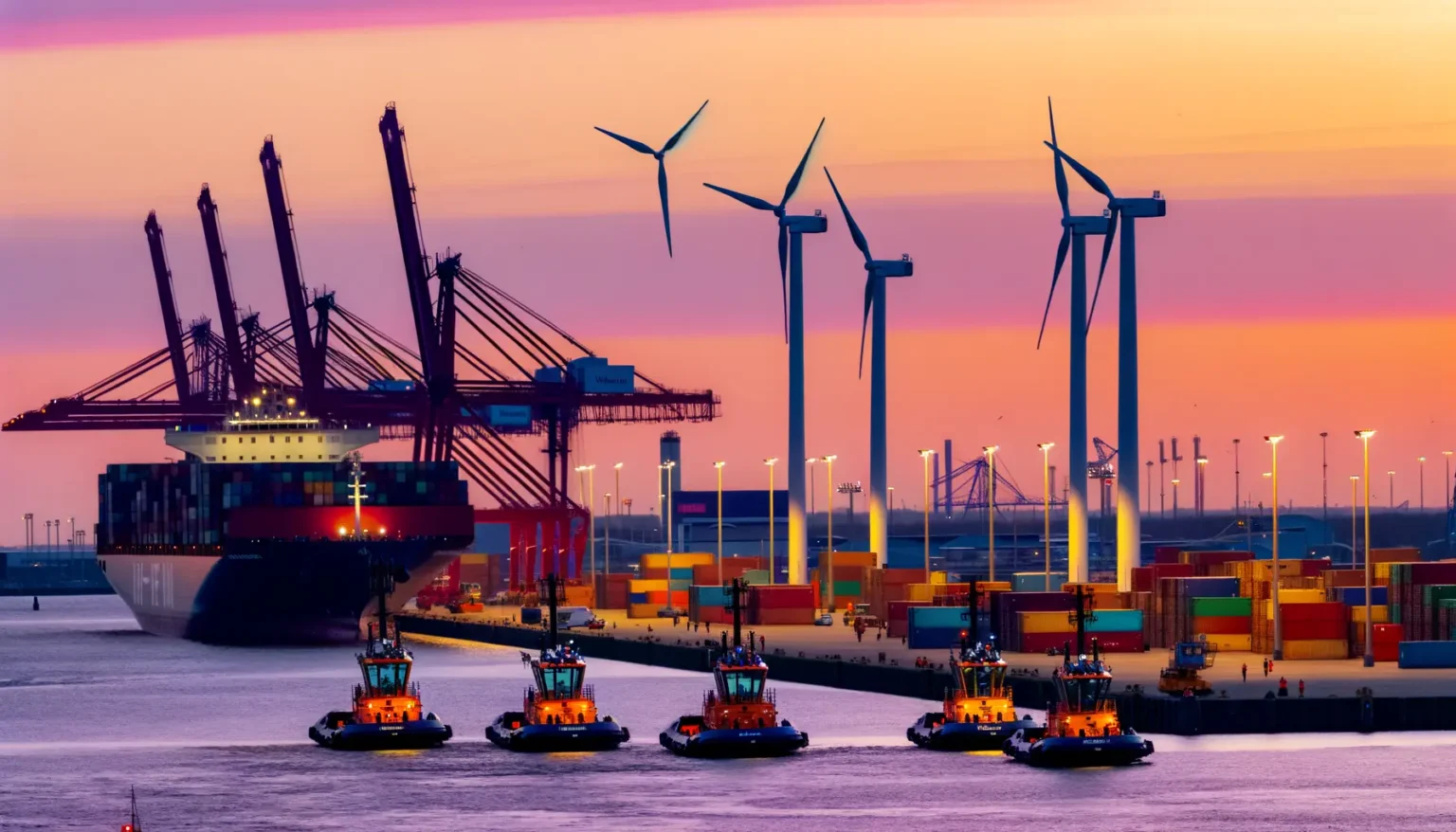 Eine abendliche Ansicht eines belebten Hafens, wo mehrere Schleppboote ein großes Containerschiff begleiten. Im Hintergrund sind gigantische Containerkräne und Windturbinen erkennbar, die sich gegen den leuchtend gefärbten Himmel bei Sonnenuntergang abzeichnen.