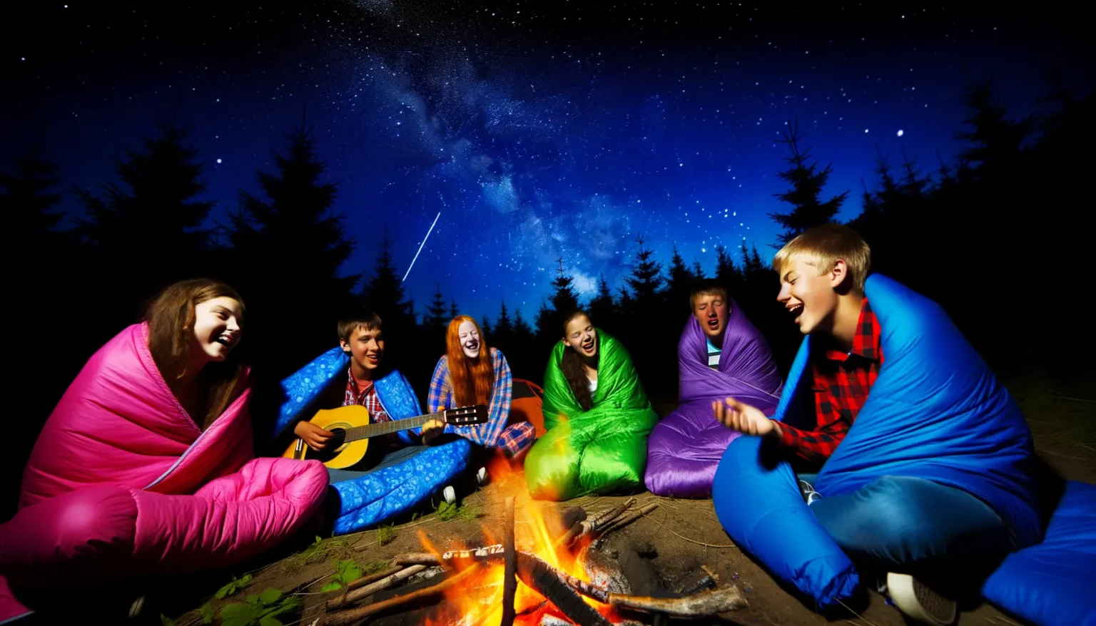 Gruppe von lächelnden Jugendlichen in bunten Schlafsäcken sitzt um ein Lagerfeuer unter einem Sternenhimmel mit sichtbarer Milchstraße und einer Sternschnuppe. Eine Person spielt Gitarre, während die anderen entspannt zuhören und sich amüsieren. Sie befinden sich in einem dunklen Wald.