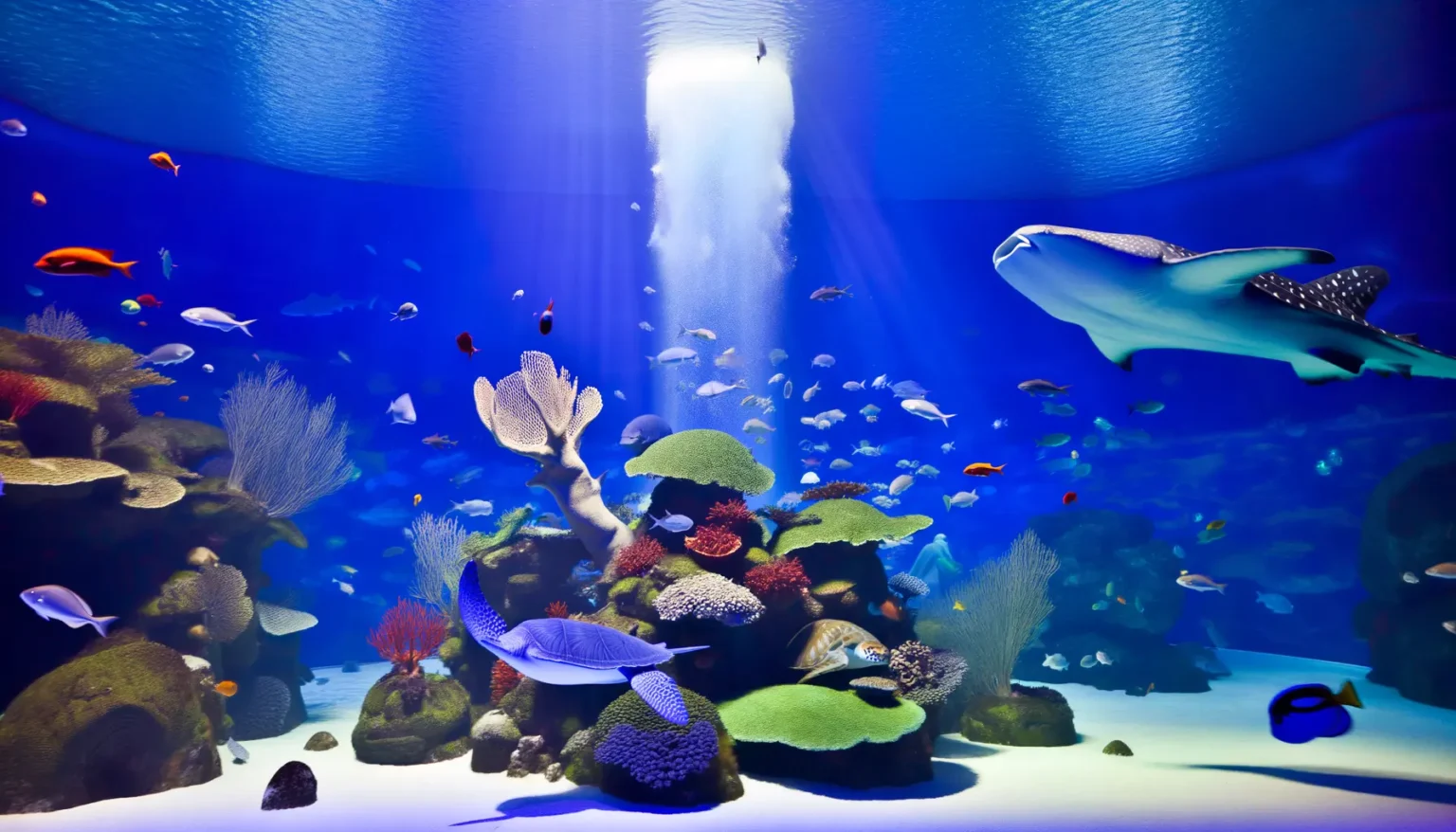Lebendige Unterwasserszene in einem Aquarium mit einer Vielzahl von bunten Fischen, die um Korallenriffe schwimmen, während ein großer Mantarochen elegant durch das Wasser gleitet, das von oben mit strahlendem Licht beleuchtet wird.