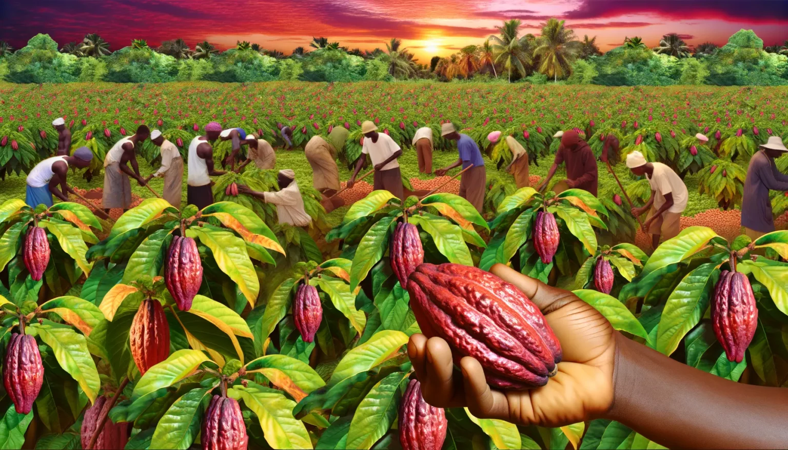 Eine Gruppe von Menschen erntet Kakao in einem Feld, wobei der Fokus auf einer ausgestreckten Hand liegt, die eine rote Kakaofrucht hält. Im Hintergrund ist ein malerischer Himmel mit Sonnenuntergang zu sehen.