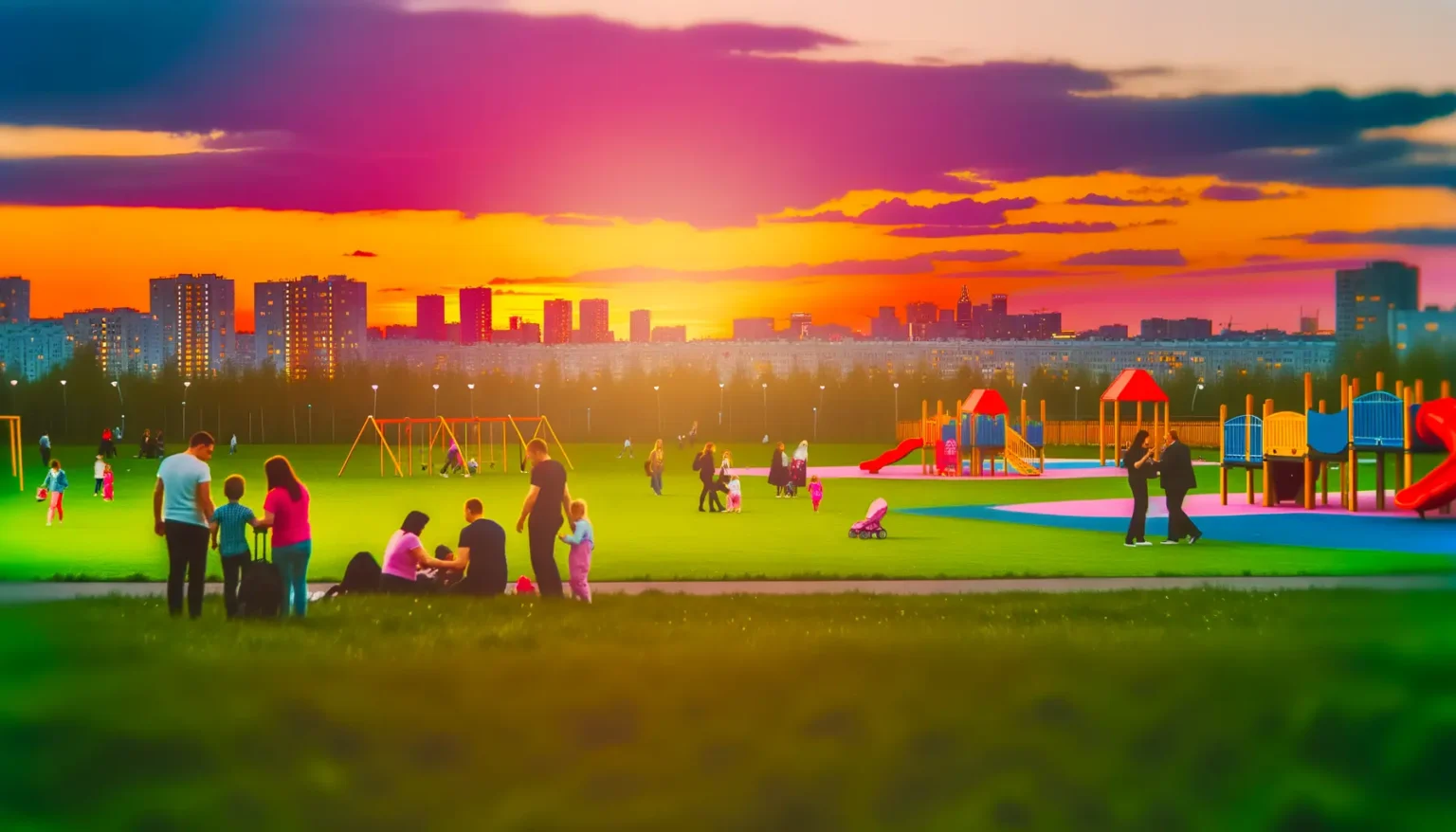 Lebendige Szene in einem städtischen Park bei Sonnenuntergang mit Menschen, die sich auf einem Spielplatz versammeln. Im Vordergrund spielen und interagieren Familien auf einem grünen Rasen, während im Mittelgrund Spielgeräte zu sehen sind. Im Hintergrund erstreckt sich eine beeindruckende Stadtansicht unter einem dramatischen, orangefarbenen und violetten Himmel.