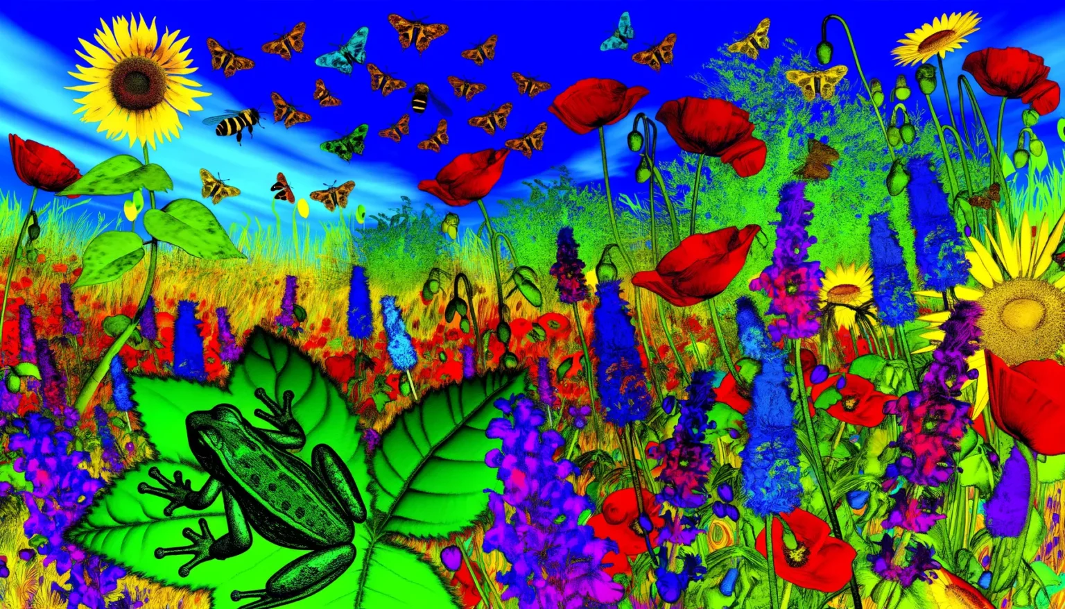 Ein farbenfrohes, stilisiertes digitales Kunstwerk, das eine bunte Wiese mit lebhaften roten Mohnblumen, Löwenzahn, Sonnenblumen und anderen Blumen zeigt, begleitet von Schmetterlingen und einer Biene, die durch die Szene fliegen. Im Vordergrund ist eine überdimensionale, grüne Frösche-Silhouette auf einem Blatt zu sehen. Der Hintergrund ist ein strahlender blauer Himmel mit leichten Wolkenstreifen.
