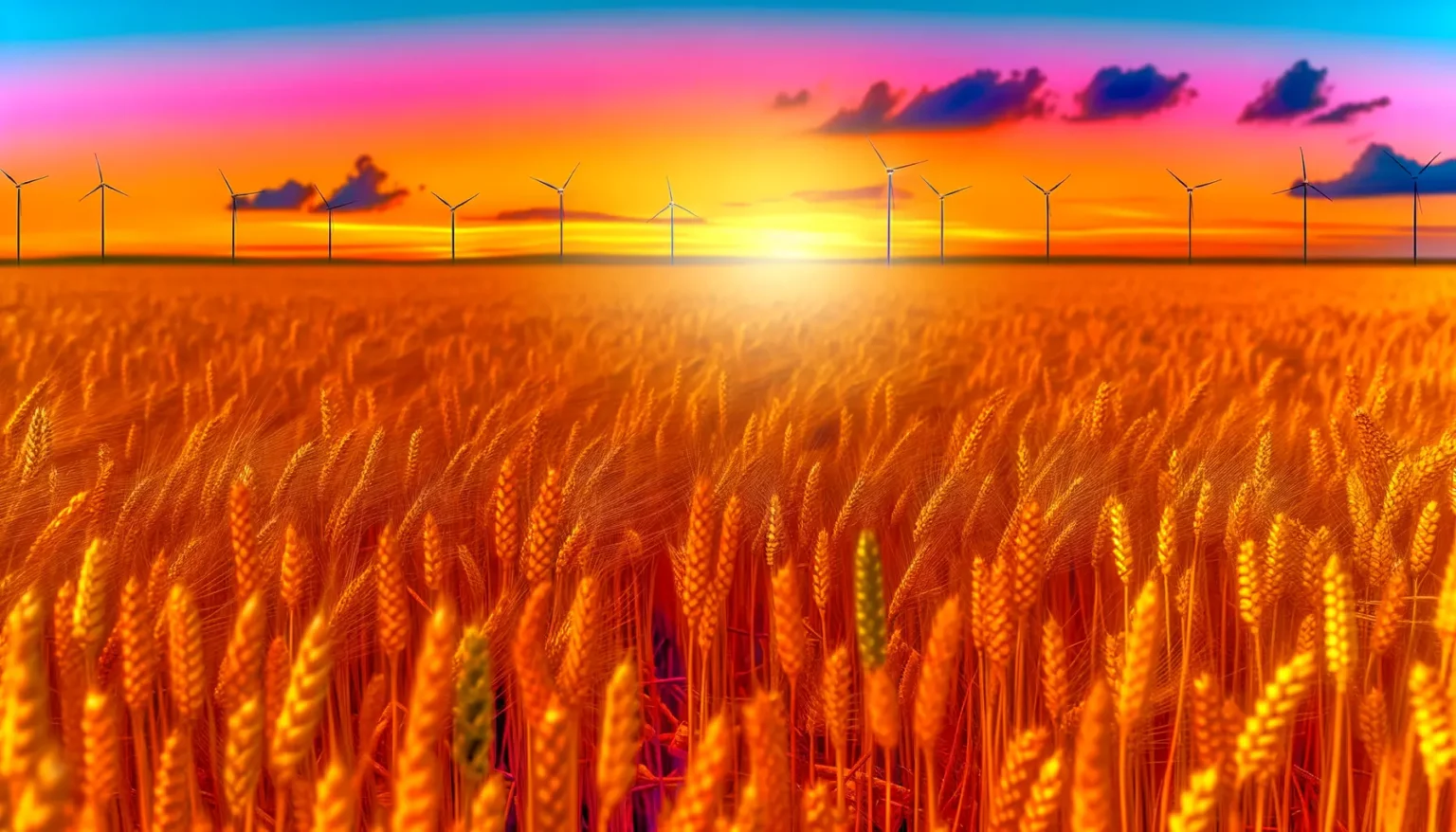 Ein leuchtendes Weizenfeld im Vordergrund mit mehreren Windkraftanlagen am Horizont unter einem dramatischen, farbenprächtigen Himmel bei Sonnenuntergang.