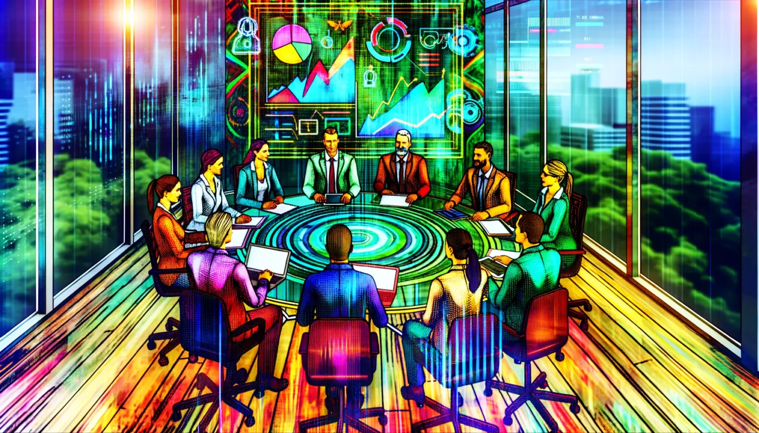 Illustration eines modernen Geschäftstreffens in einem Konferenzraum mit einer Gruppe von Personen, die an einem runden Tisch sitzen. Im Hintergrund sind durch große Fenster Ausblicke auf eine Stadt mit Hochhäusern zu sehen. Über dem Tisch schwebt ein futuristisches Hologramm mit verschiedenen Diagrammen und Datenvisualisierungen. Die Umgebung ist farbenfroh und im Kunststil gehalten, mit leuchtenden Linien und Mustern, die einen dynamischen und technologisch fortgeschrittenen Eindruck vermitteln.