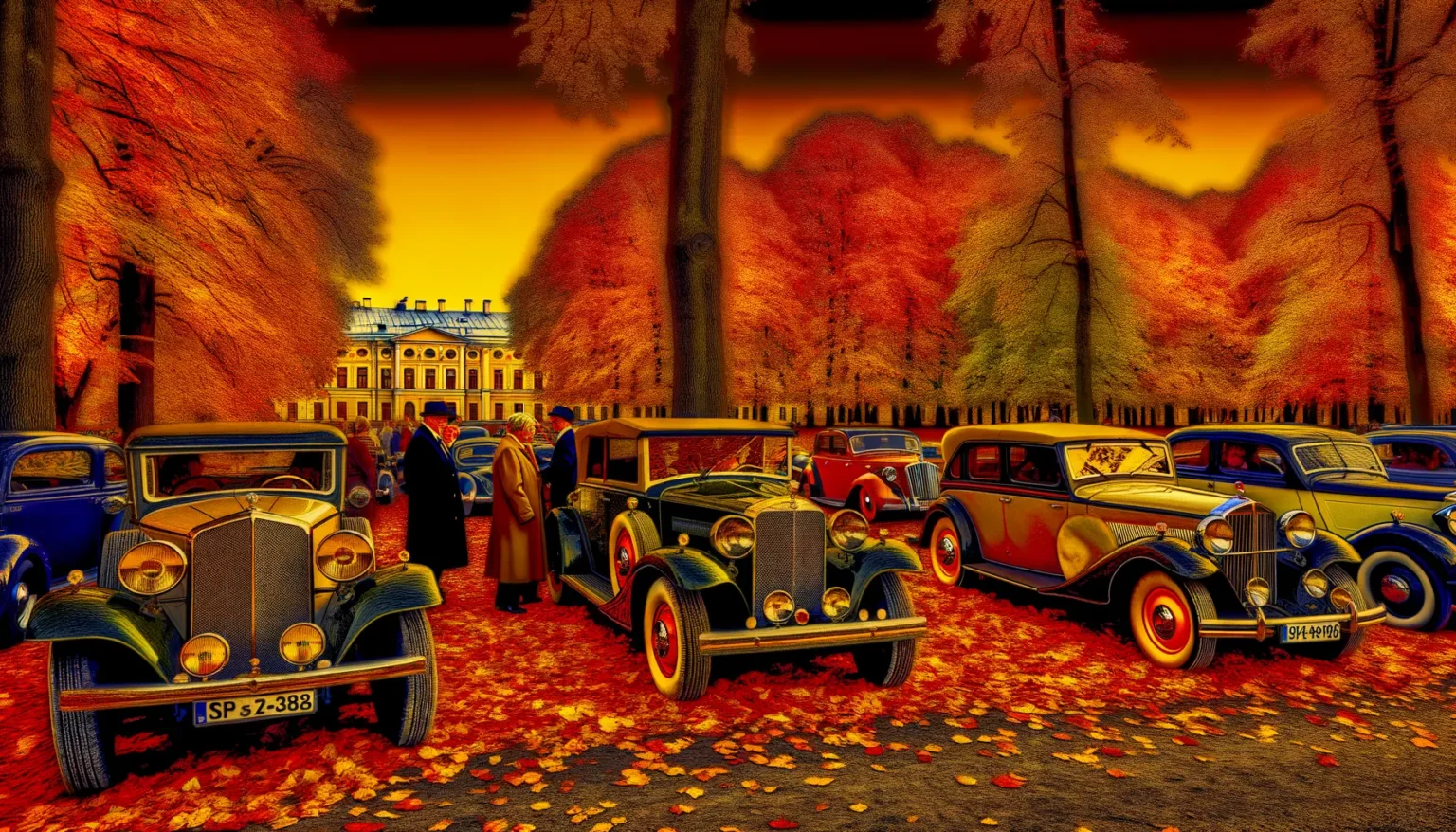 Landschaft mit Vintage-Autos und Personen in historischer Kleidung auf einem mit Herbstlaub bedeckten Boden, vor dem Hintergrund eines klassischen Gebäudes und Bäumen mit leuchtend rotem Laub unter einem dramatischen, orangefarbenen Himmel.