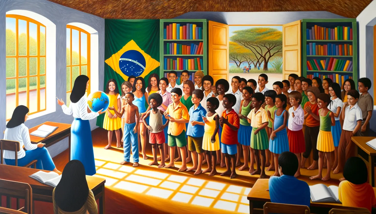 Eine kunstvolle Darstellung eines Klassenzimmers mit einer diversen Gruppe von Schülerinnen und Schülern unterschiedlichen Alters und Kulthintergründe, die lächelnd einer Lehrerin zuhören. Die Lehrerin hält einen Globus und deutet auf die brasilianische Flagge, die im Hintergrund hängt. Das Zimmer ist lichtdurchflutet und von Bücherregalen umgeben, und draußen sind idyllische Landschaften sichtbar.