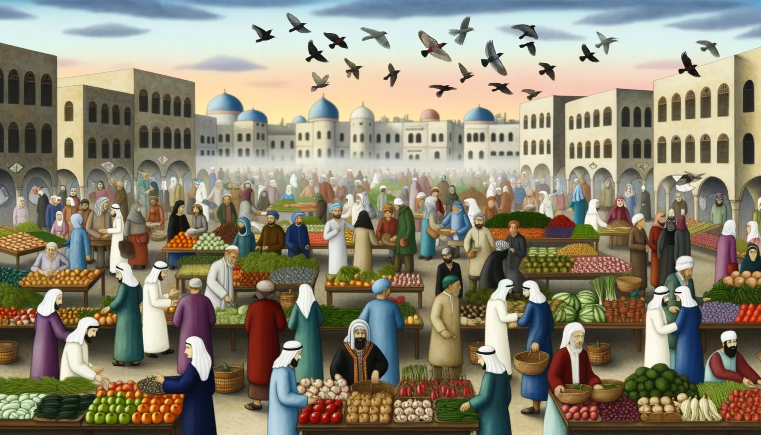 Illustrierte Szene eines belebten traditionellen Marktes im mittelalterlichen Nahen Osten mit Menschen in historischer Kleidung, die Waren feilschen und kaufen. Händler bieten frisches Obst und Gemüse an bunten Ständen an. Im Hintergrund sind historische Gebäude mit Bögen und Kuppeln zu sehen. Über dem Geschehen schweben Vögel am klaren Himmel.