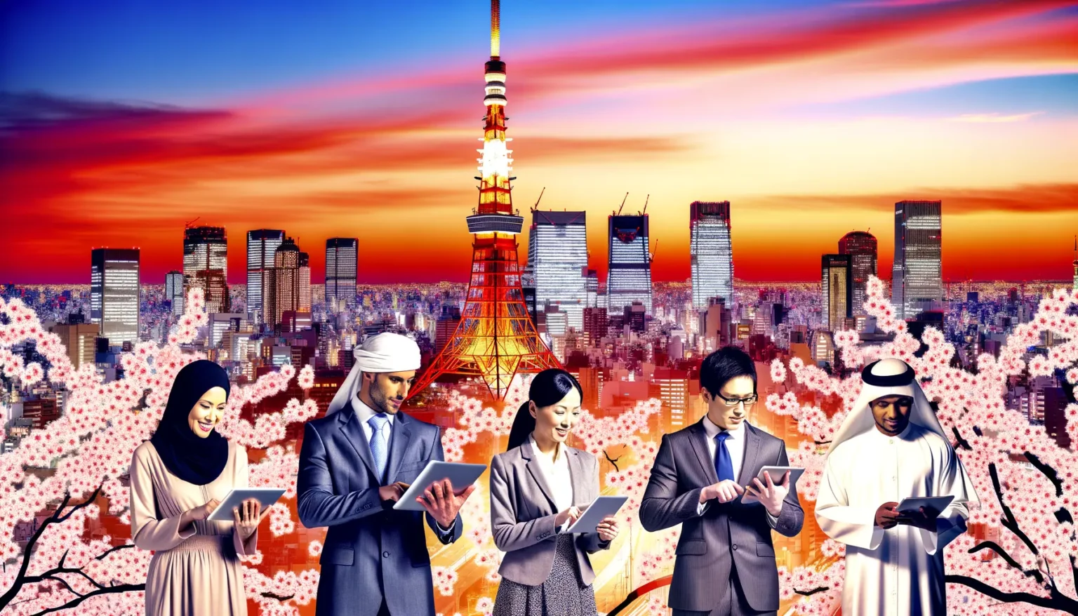 Eine Gruppe von fünf Personen in traditioneller und Geschäftskleidung steht vor einer stilisierten Stadtansicht bei Sonnenuntergang mit Blick auf den Tokyo Tower, umgeben von Kirschblüten. Jede Person ist vertieft in die Betrachtung eines Tablets.