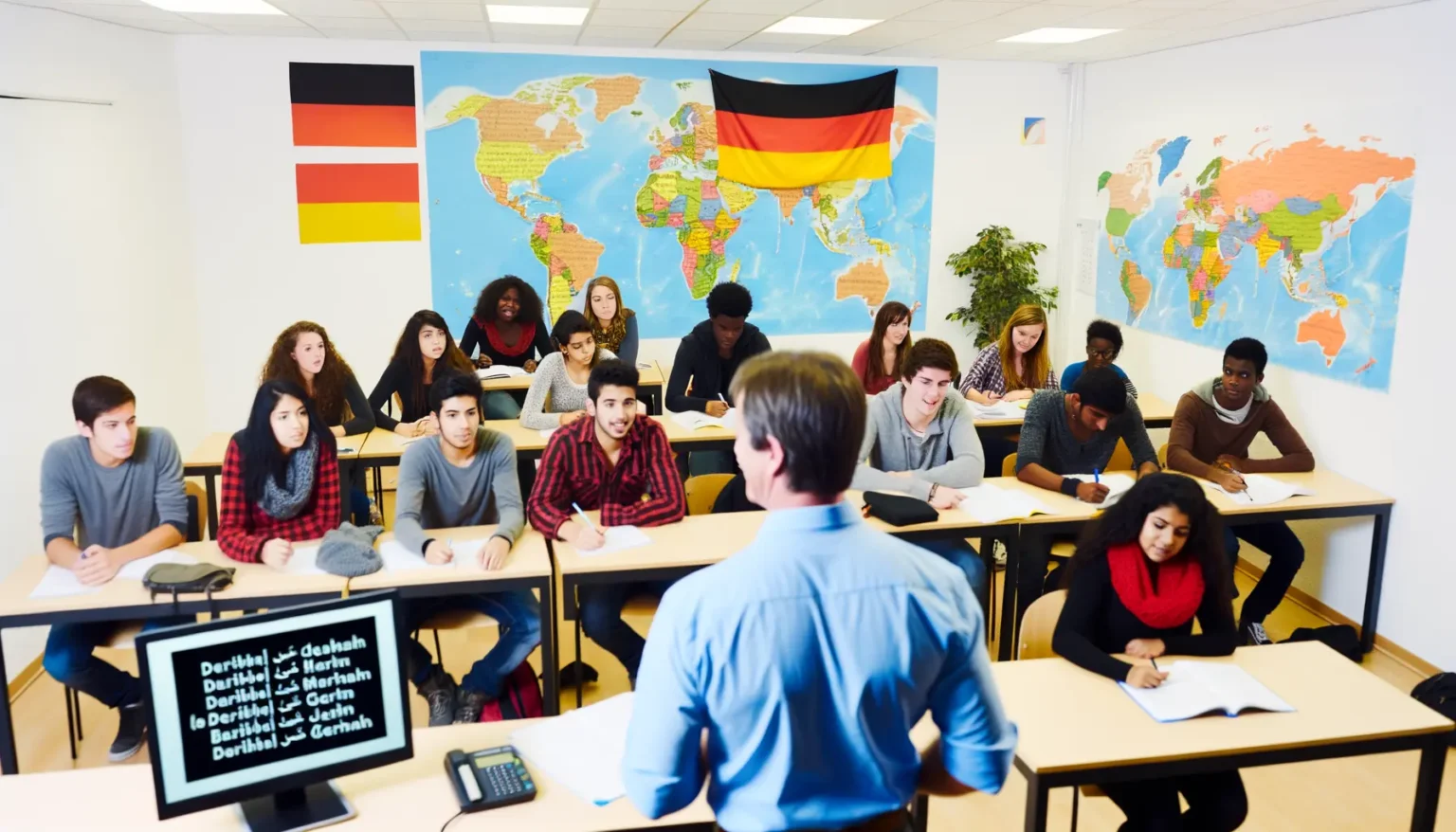 Eine Gruppe diverser Studenten sitzt in einem Klassenzimmer und schaut auf einen Lehrer, der im Vordergrund steht. Im Hintergrund hängt eine Weltkarte an der Wand zwischen zwei deutschen Flaggen. Auf dem Monitor im Vordergrund ist eine Präsentation mit deutschen Texten, die vermutlich zum Unterricht gehört.