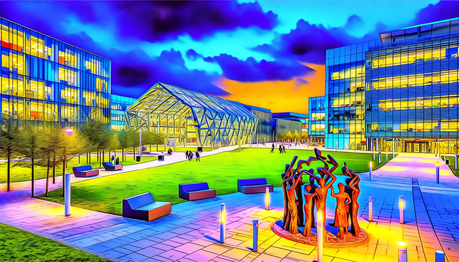 Bild eines modernen Campusgeländes mit bunten, hochmodernen Gebäuden in einem stilisierten, neonfarbenen Filter, der die Szene wie eine Illustration erscheinen lässt. Im Vordergrund ist eine auffällige Skulptur von Figuren zu sehen, umgeben von Leuchten, Bäumen und Sitzgelegenheiten. Der Himmel ist dramatisch mit lila und blauen Wolken gestaltet.