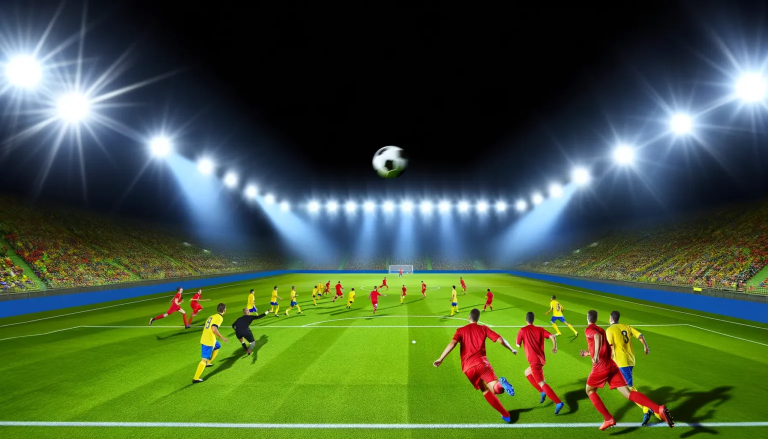 Lebhafte Szene in einem beleuchteten Fußballstadion bei Nacht mit Spielern in roten und gelben Trikots, die um den Ball kämpfen, während ein Spieler in Rot einen Schuss aufs Tor vorbereitet und die Menge auf den Rängen gespannt zusieht.
