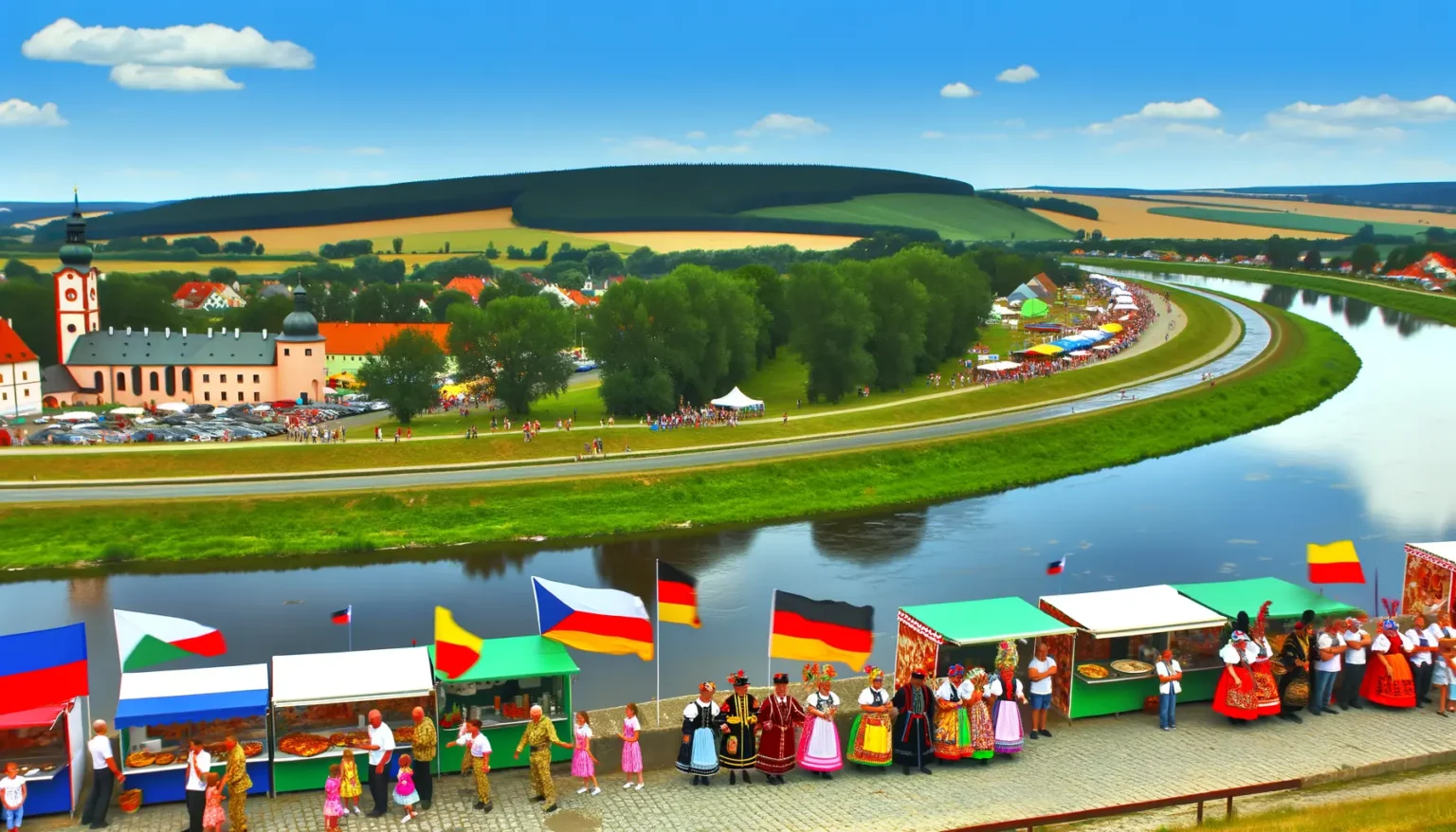 Ein buntes Volksfest an einem Flussufer mit Menschen in traditionellen Trachten, die Flaggen schwenken, und Marktständen, die Essen anbieten, vor dem Hintergrund einer Kirche und grüner Hügel.