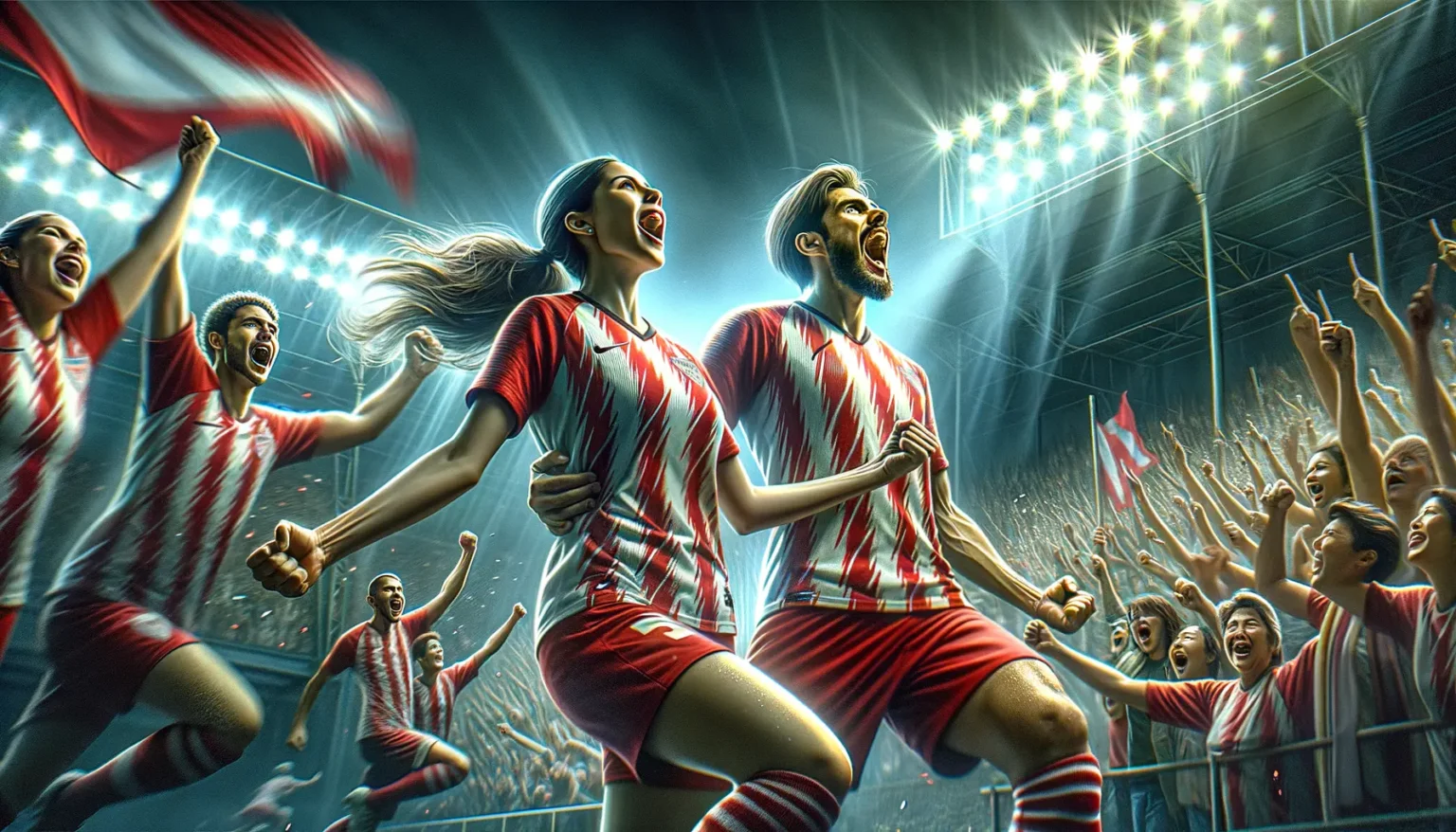 Illustration eines begeisterten Fußballteams und ihrer Fans, die im Stadion unter Flutlicht jubeln, mit energischer Körperhaltung und ausdrucksstarken Gesichtern, die Emotionen von Siegesfreude und Einheit ausstrahlen.