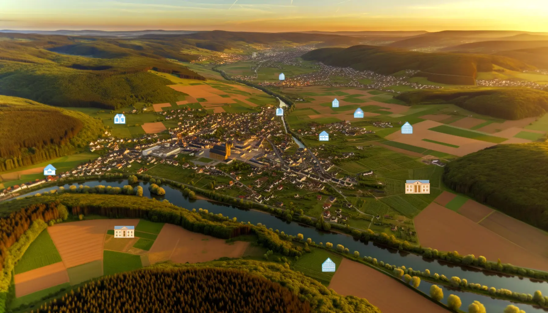 Luftaufnahme eines Landkreises in Rheinland-Pfalz bei Sonnenuntergang