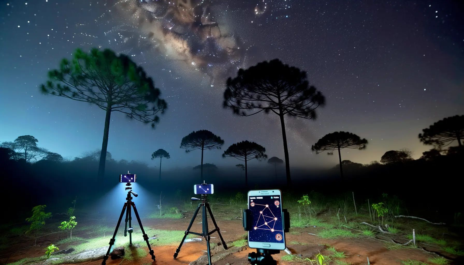 Magisches Nachtbild von Smartphones unter dem Sternenhimmel