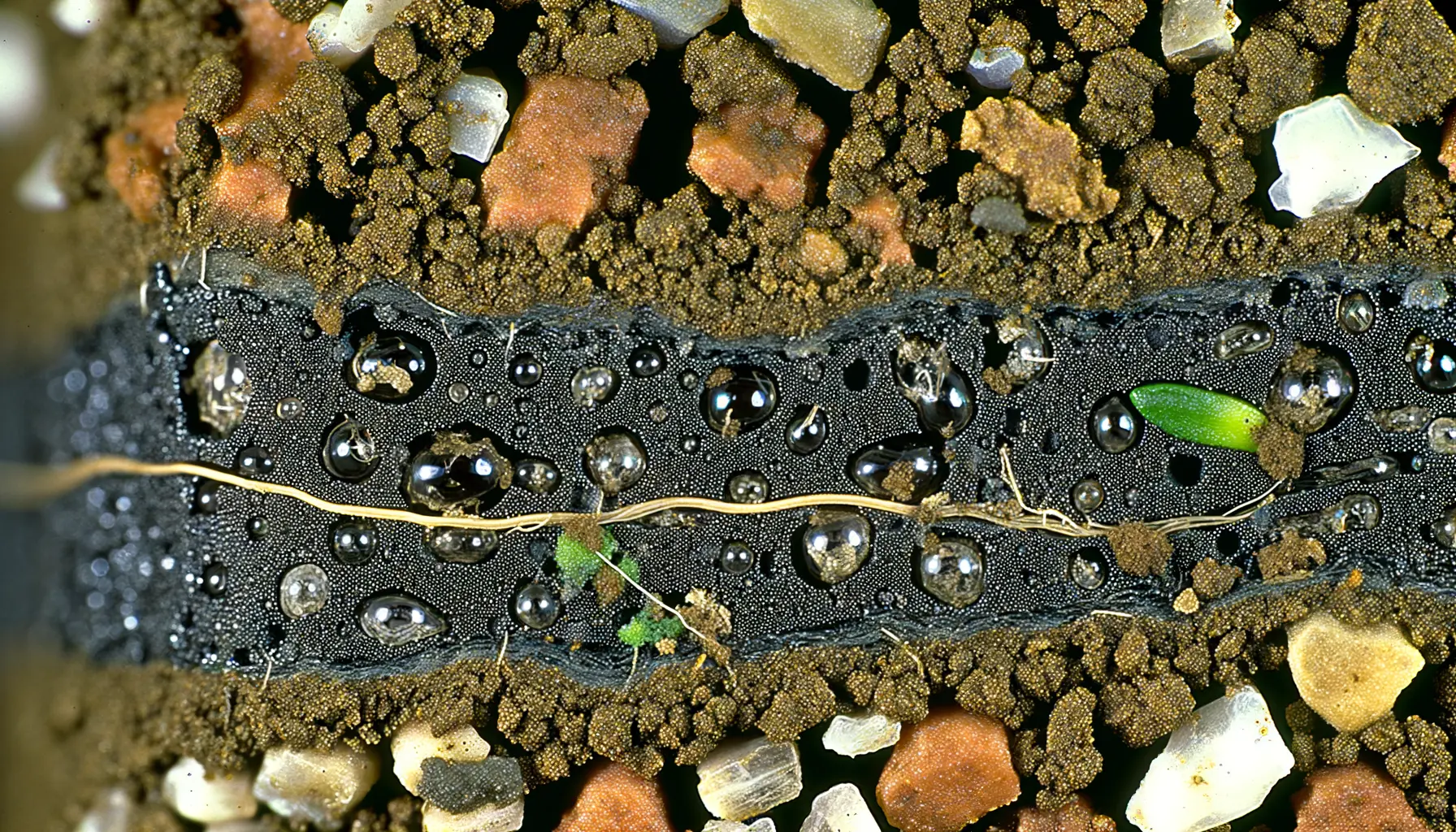 Makroaufnahme von Bodenschichten mit Polygrain für Wasserspeicherung