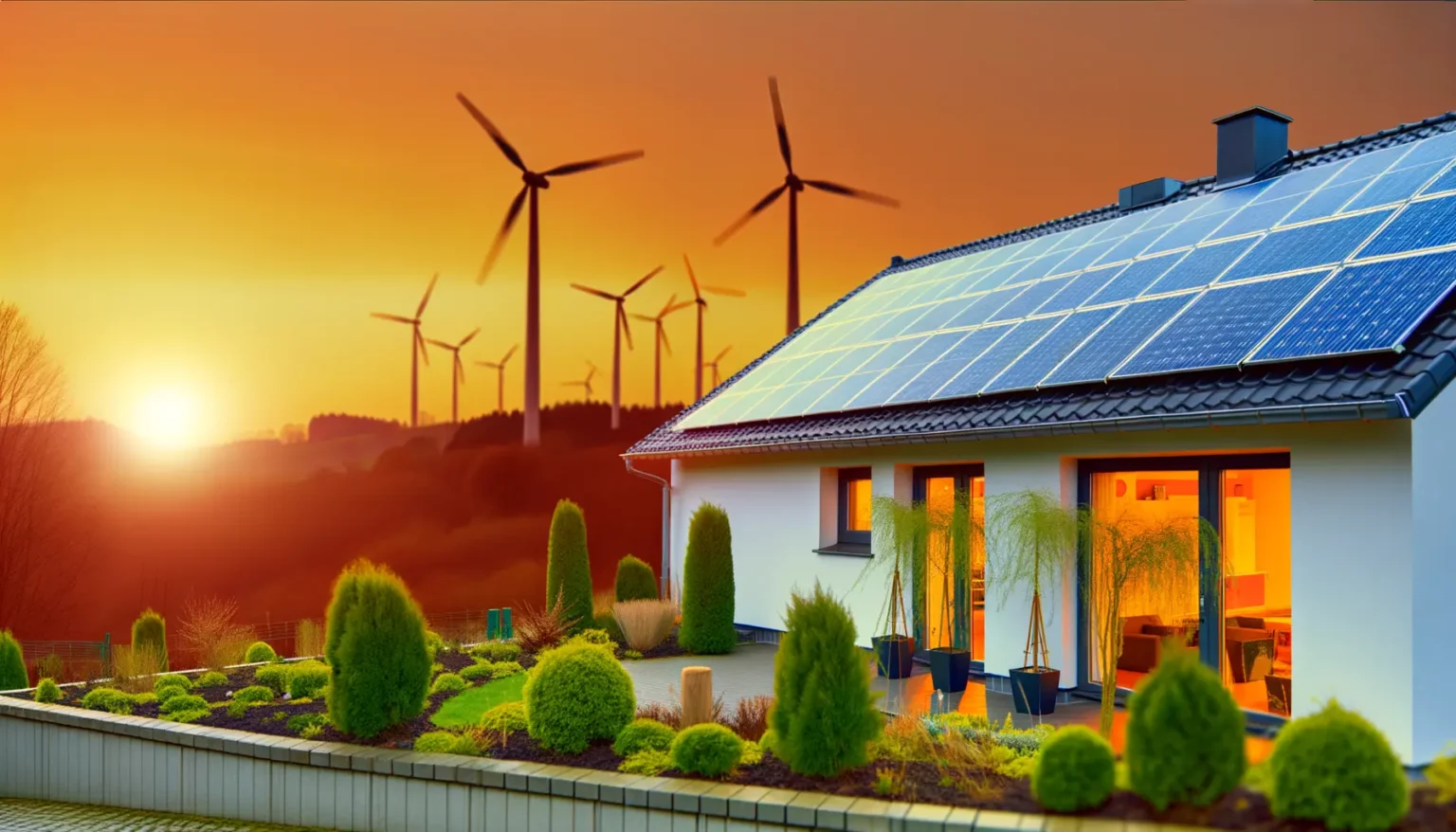Ein modernes Einfamilienhaus mit Solarpanelen auf dem Dach bei Sonnenuntergang, mit Windrädern im Hintergrund auf einem Hügel, was erneuerbare Energiequellen unterstreicht. Der Vorgarten ist gut gepflegt mit verschiedenen Sträuchern und Pflanzen.