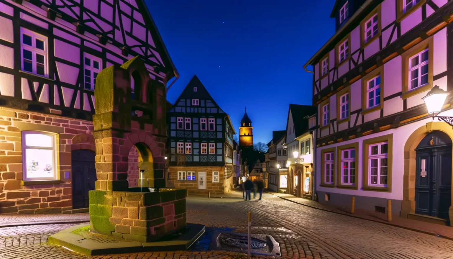 Historische europäische Altstadtgasse bei Nacht mit traditionellen Fachwerkhäusern, gepflasterten Straßen, einem Springbrunnen im Vordergrund und erleuchteten Straßenlaternen. Ein beleuchteter Turm steht im Hintergrund gegen einen blauen Abendhimmel mit sichtbaren Sternen.