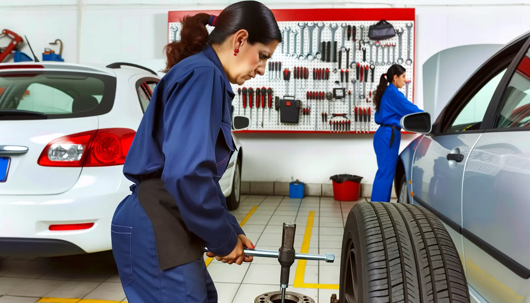 Mechaniker wechselt Reifen in Werkstatt