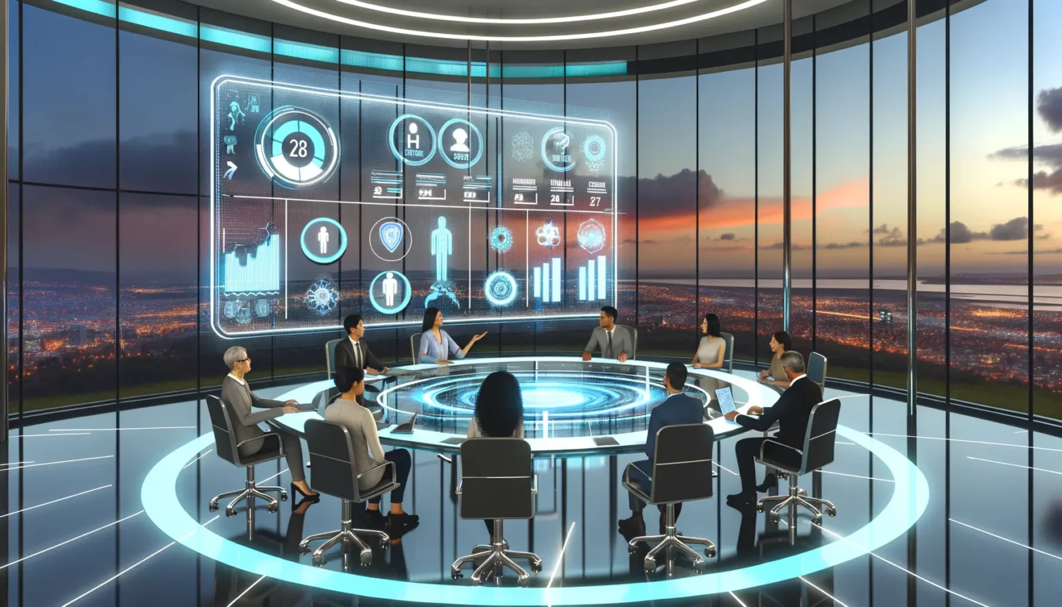 Eine Gruppe von Geschäftsleuten sitzt in einem hochmodernen Konferenzraum mit futuristischem Design und blickt auf interaktive digitale Displays mit Grafiken und Daten. Der Raum bietet durch bodentiefe Fenster einen Panoramablick auf eine beleuchtete Stadtlandschaft bei Dämmerung.
