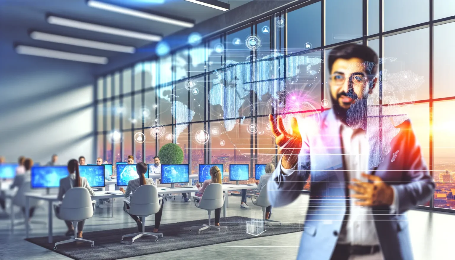Ein Mann im Anzug steht im Vordergrund einer modernen Bürolandschaft, während er interaktiv mit futuristischen digitalen Interface-Elementen und einer Weltkarte agiert. Im Hintergrund arbeiten Menschen an Computern in einem hellen Raum mit Panoramafenstern, durch die die Stadtsilhouette zu sehen ist.