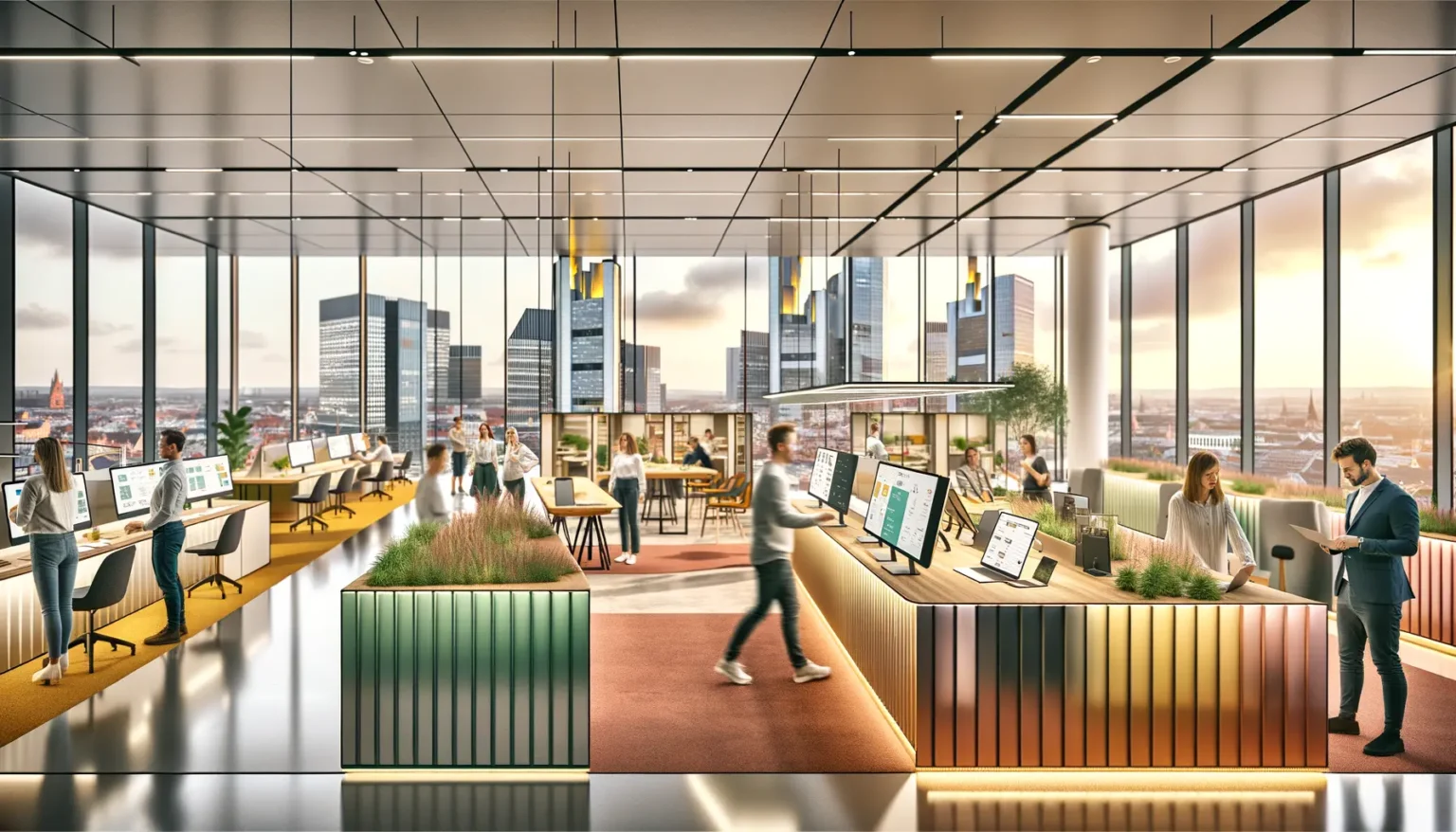 Moderner Büroinnenraum mit Panoramafenstern, durch die eine Stadtsilhouette bei Sonnenuntergang zu sehen ist. Menschen arbeiten an Computern, stehen im Gespräch und bewegen sich durch den Raum. Das Design ist offen und hell, mit Pflanzen und stilvollen Möbeln.