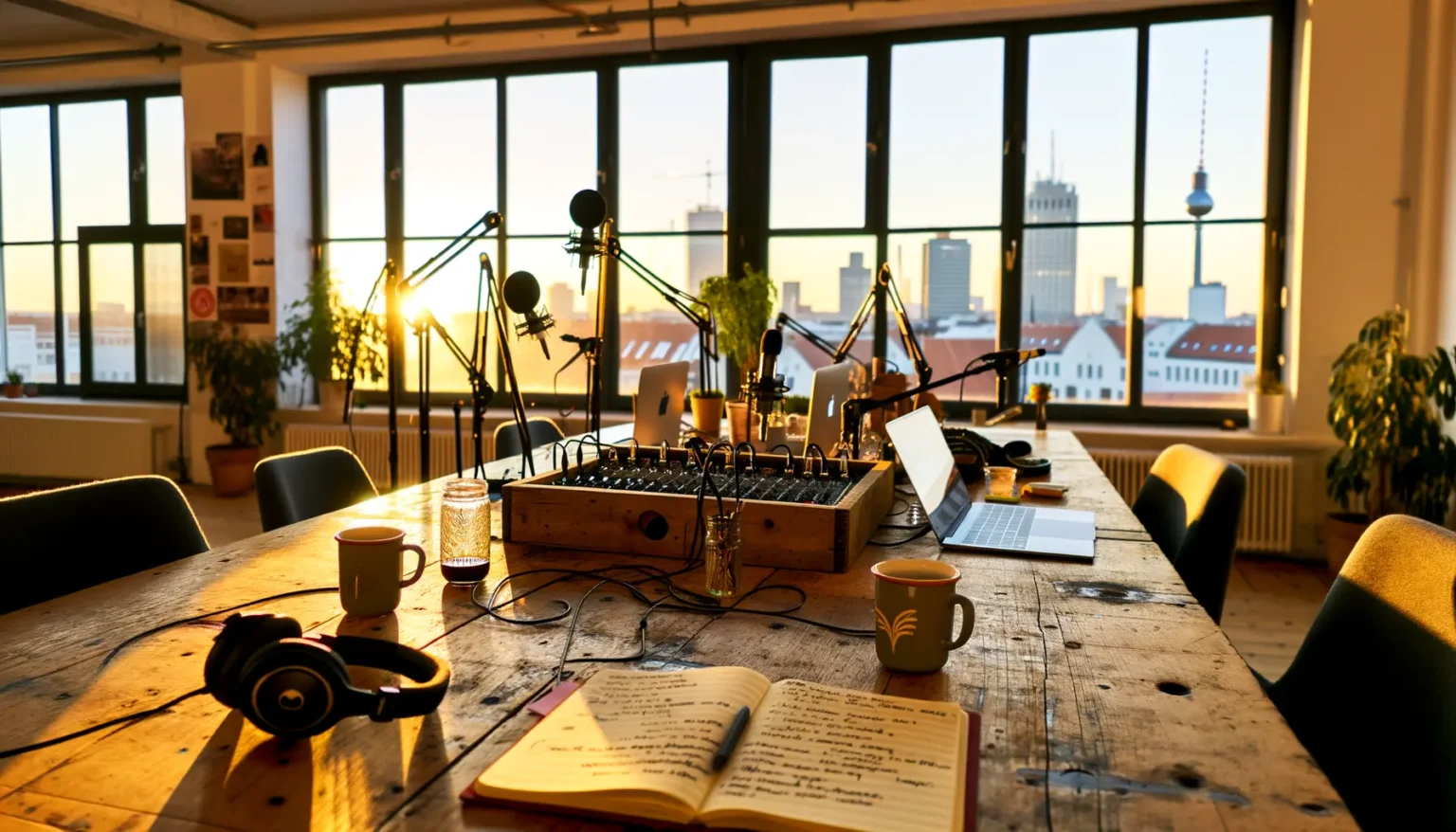Ein Podcast-Studio bei Sonnenuntergang mit verschiedenen Mikrofonen, einem Mischpult und Kopfhörern auf einem Holztisch; im Hintergrund sind durch große Fenster die Silhouette einer Stadt mit einem markanten Fernsehturm zu erkennen.