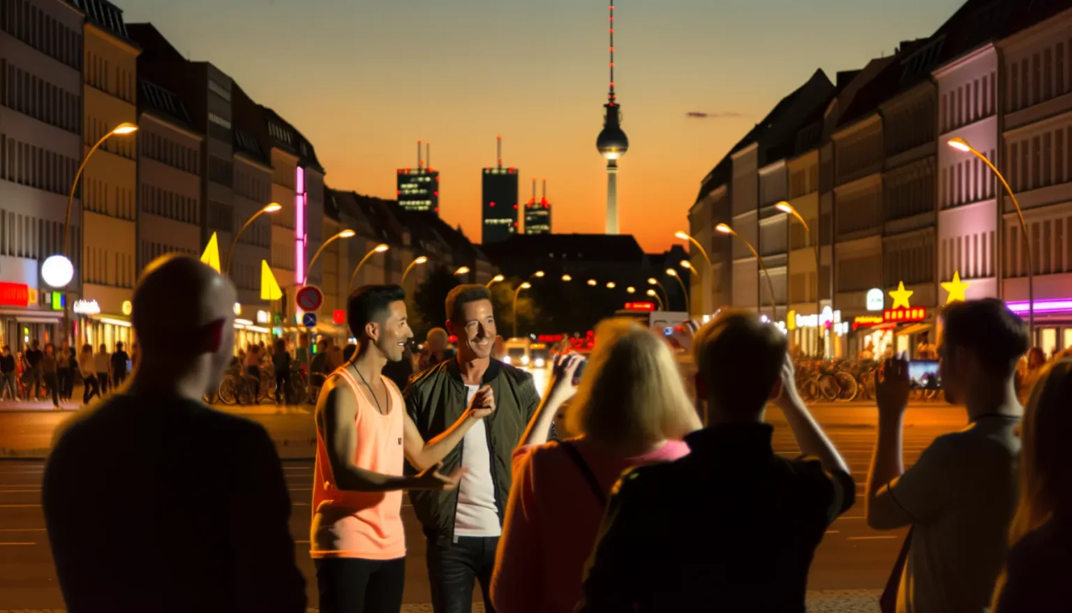 Belebte Stadtstraße bei Nacht mit dem Fernsehturm im Hintergrund. Zwei lächelnde Männer in der Mitte des Bildes machen ein Selfie, während andere Passanten um sie herum gehen oder ihr eigenes Foto machen. Der Himmel ist orange und blau während der Dämmerung und die Stadtlichter sind eingeschaltet.