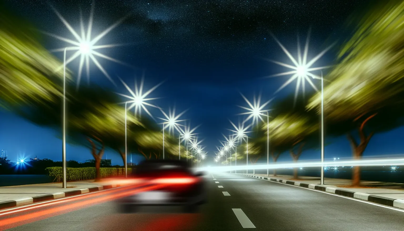 Nächtliche Szene einer Straße mit leuchtenden Straßenlaternen, die Sternlichteffekte erzeugen, mit verschwommenen Bäumen im Wind daneben und einem unscharfen, schnell fahrenden Auto, das rote Lichtspuren hinterlässt. Ein sternenklarer Himmel ist im Hintergrund sichtbar.