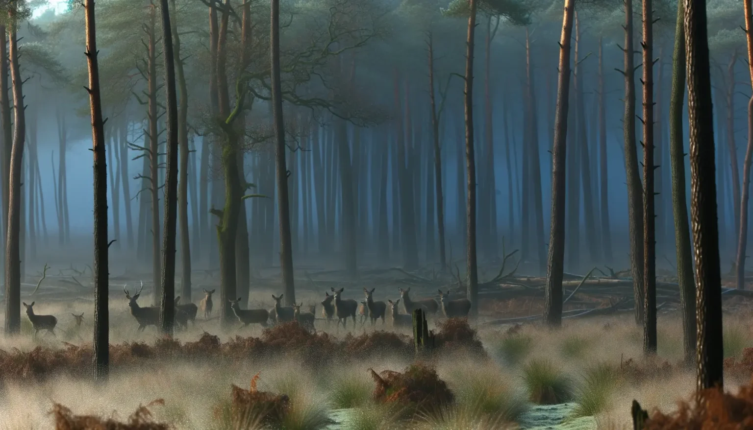 Eine Herde von Hirschen steht in einem nebeligen Wald, umgeben von hohen, schlanken Bäumen und einem Boden, der mit bräunlichem Unterholz und grünen Pflanzen bedeckt ist, während die Morgensonne sanft durch den Nebel strahlt.