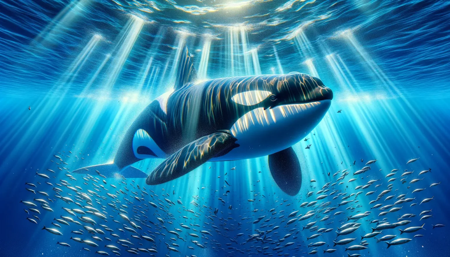 Ein großer Orca schwimmt unter Wasser umgeben von einem Schwarm kleiner Fische, während Sonnenstrahlen durch das blaue Wasser von der Oberfläche herab scheinen.