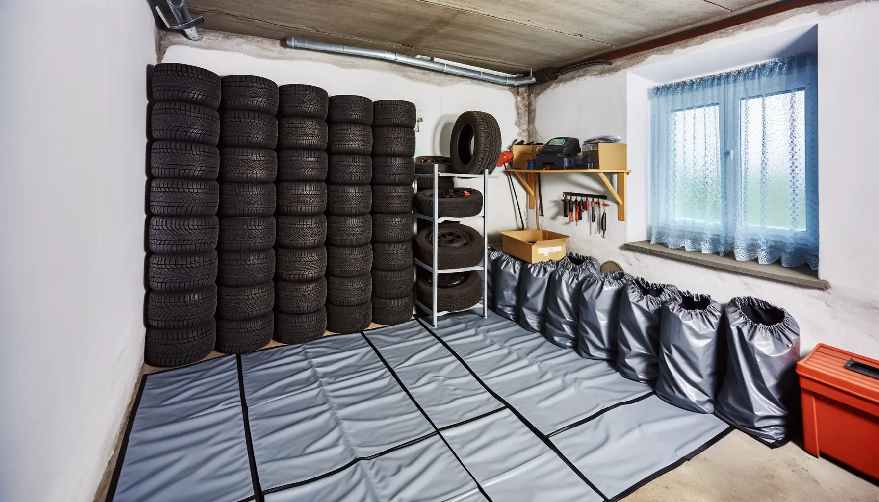 Organisierte Lagerung von Reifen in Garage oder Keller