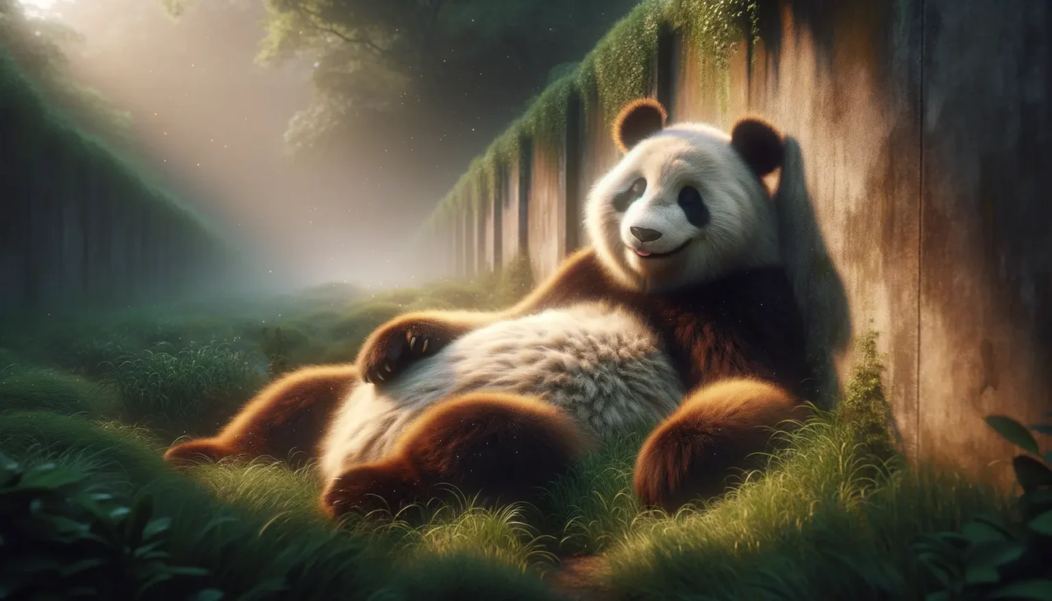 Ein entspannter Panda liegt auf dem Rücken im weichen Gras, umgeben von hohen, moosbedeckten Mauern und üppigen Bäumen im magischen Sonnenlicht, das durch das Blattwerk scheint.