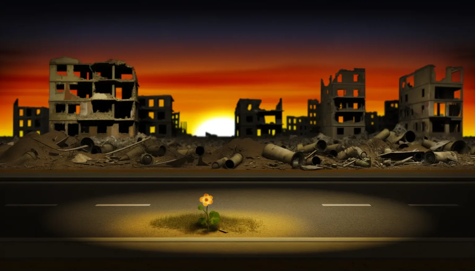 Einzelne Blume wächst inmitten einer verlassenen Straße vor einer Kulisse zerstörter Gebäude mit einem dramatischen Sonnenuntergang im Hintergrund.