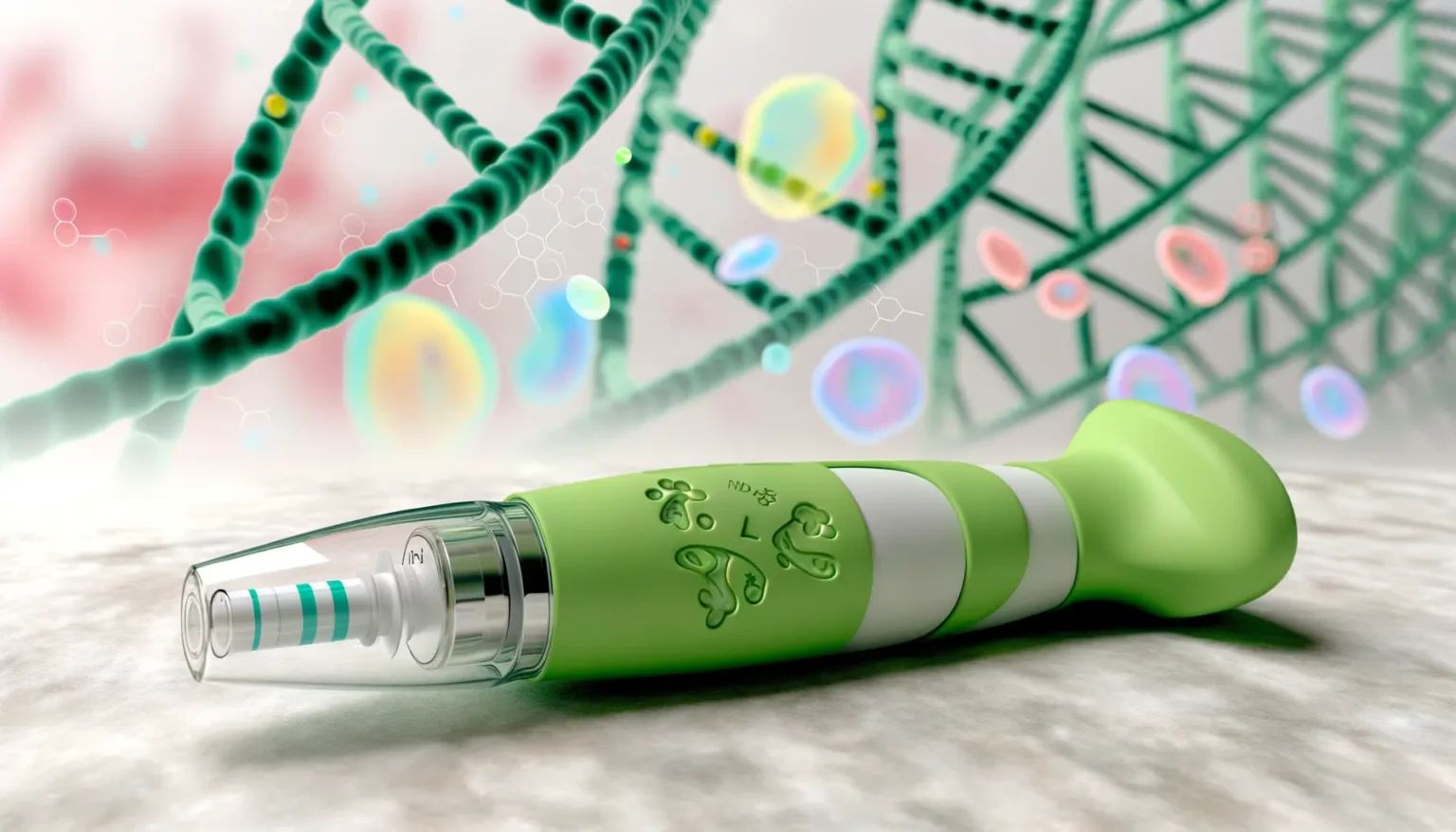 Ein futuristischer medizinischer Injektor mit grüner Farbe liegt im Vordergrund auf einer unscharfen, organisch wirkenden Oberfläche. Im Hintergrund verschwimmen Darstellungen von DNA-Strängen und chemischen Strukturen mit Bokeh-Effekten.