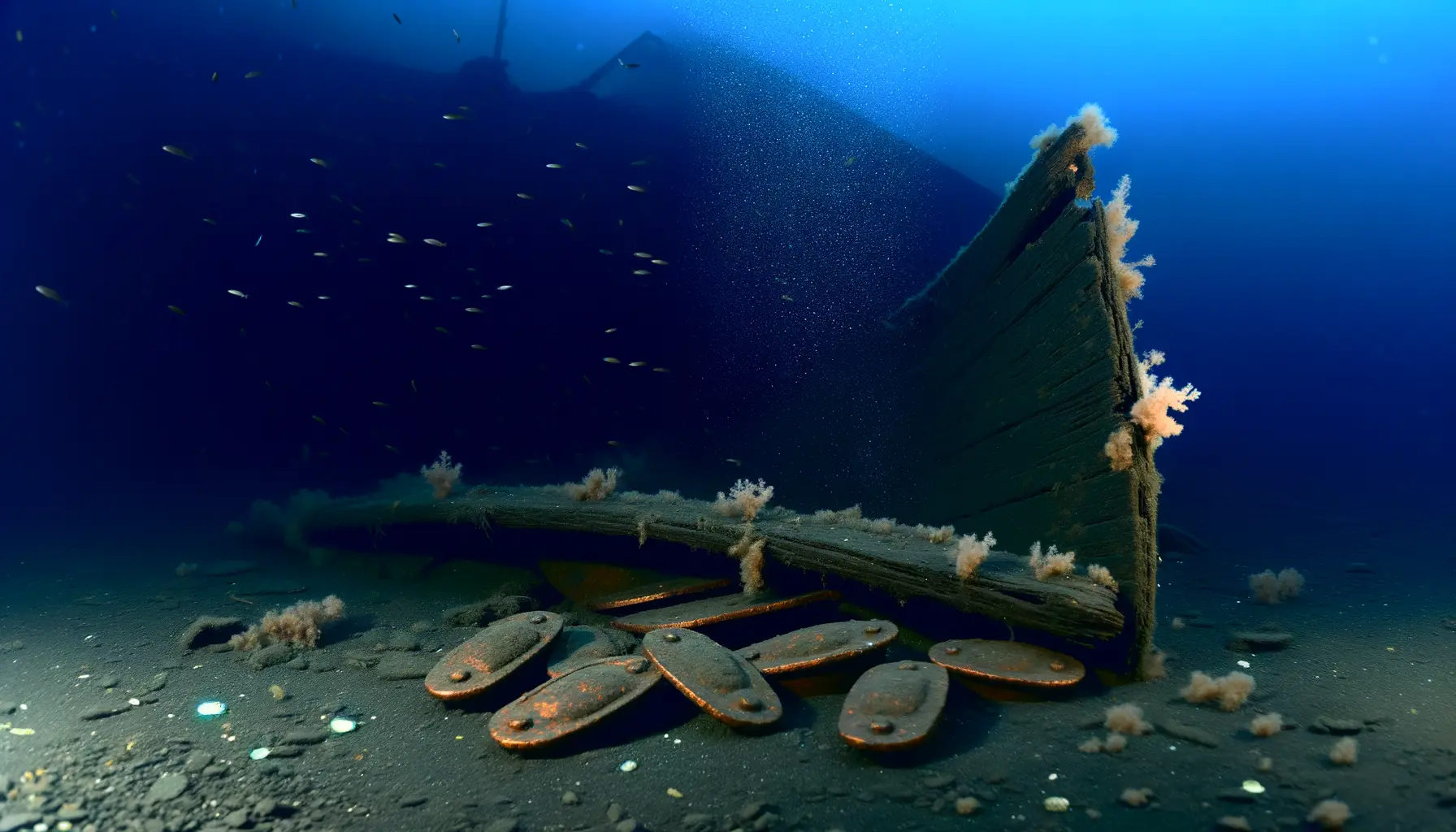 Realistisches Unterwasserbild einer Schiffskatastrophe mit Licht und Schatten