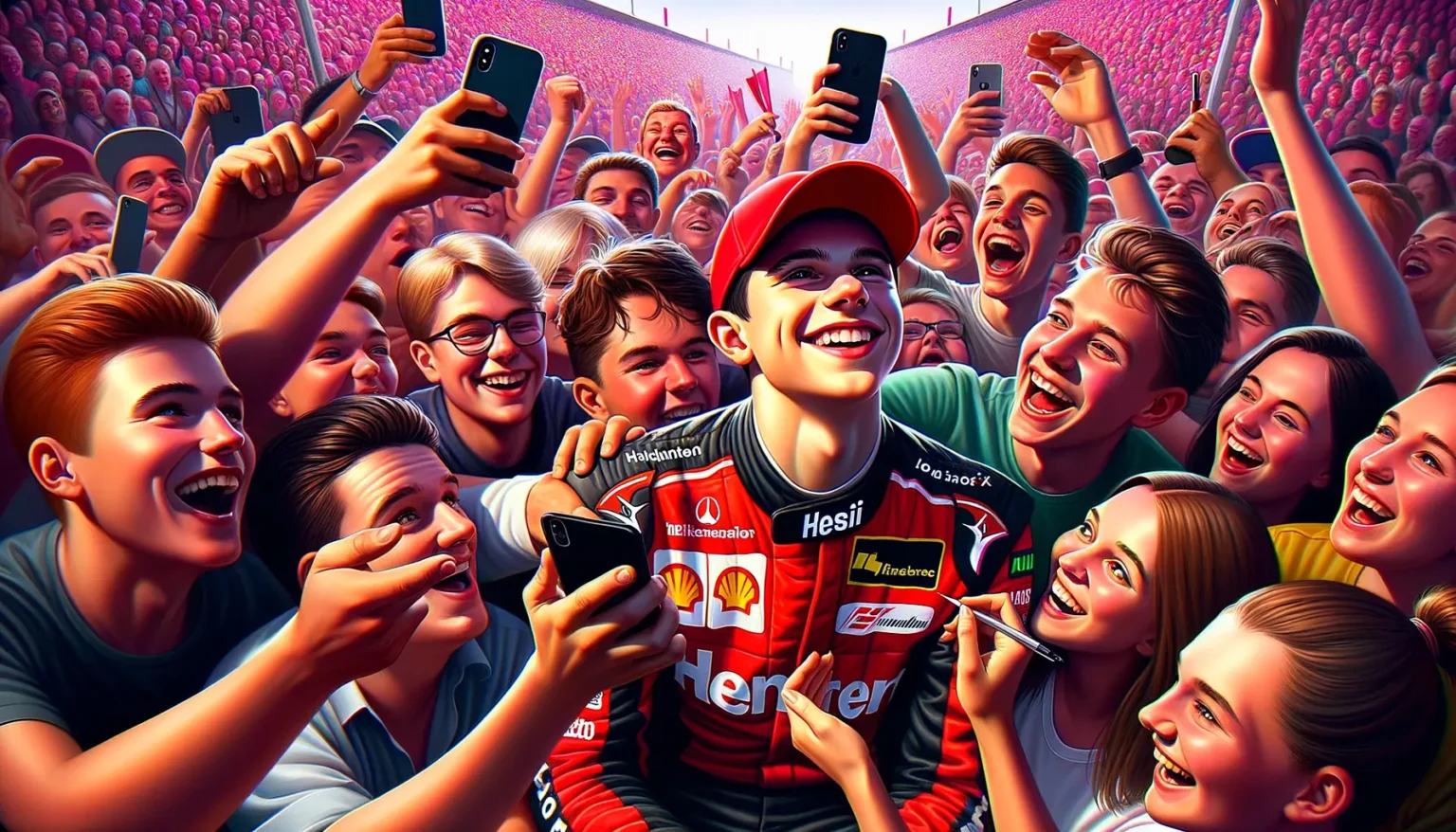 Eine animierte Darstellung eines glücklichen jungen Rennfahrers in einem roten Rennanzug, umgeben von begeisterten Fans, die Selfies machen. Alle lächeln und scheinen eine gute Zeit zu haben, während sie sich in einem stark besuchten Veranstaltungsort befinden.