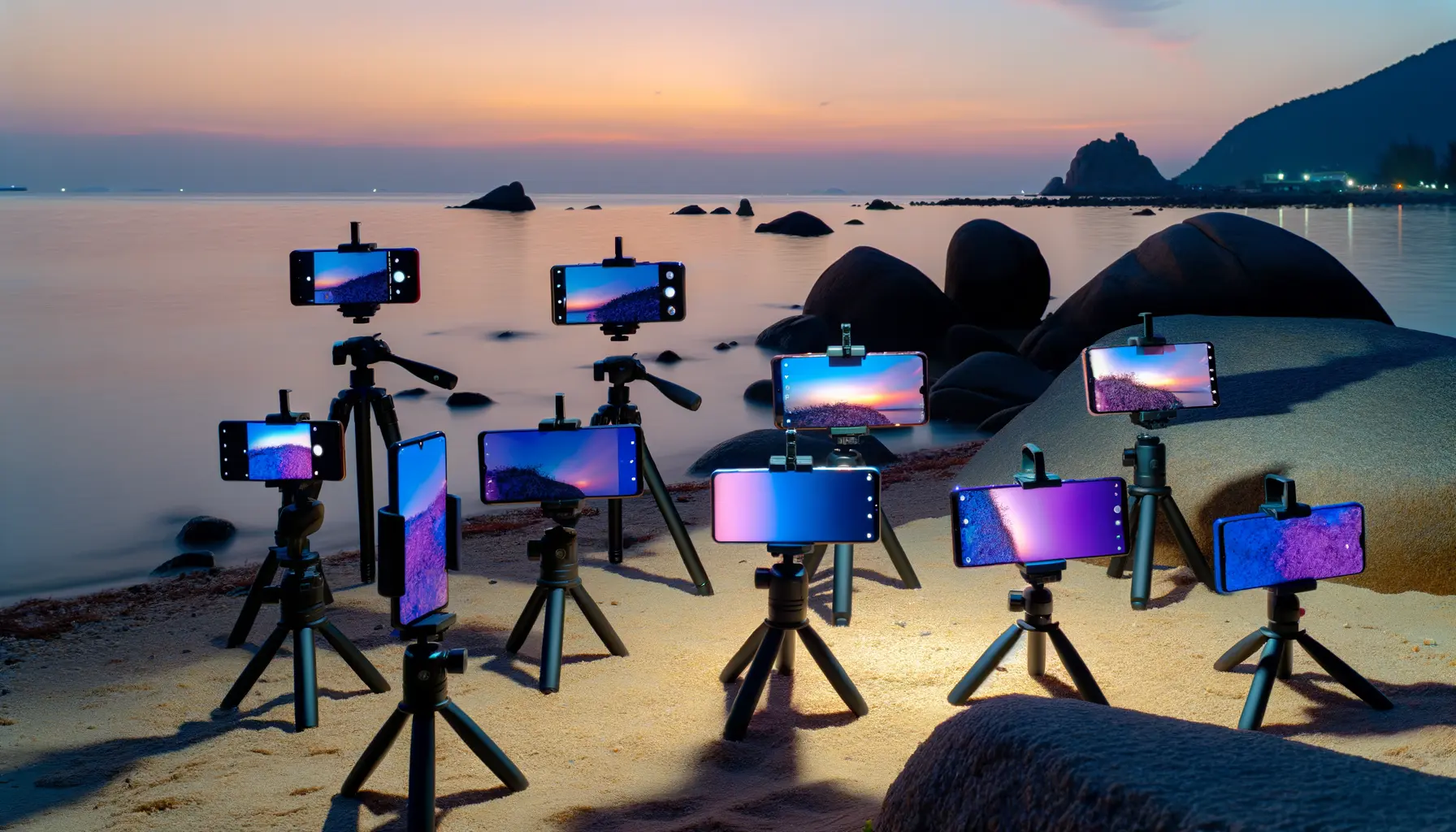 Smartphones auf Stativen fangen den Sonnenuntergang über dem Meer ein