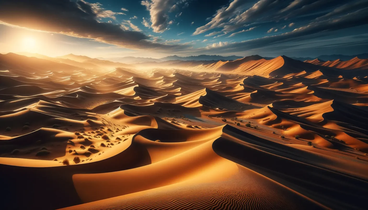 Eine dramatische Wüstenlandschaft bei Sonnenuntergang mit scharf definierten Sanddünen, deren Kämme Kontraste aus Licht und Schatten erzeugen, mit einem Hintergrund aus fernen Bergen und einem Himmel mit vereinzelten Wolken.