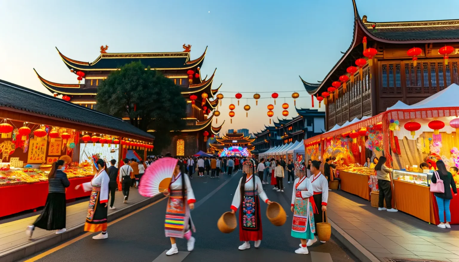 Belebte Marktszene in einer Straße mit traditioneller chinesischer Architektur bei Dämmerung. Menschen schlendern vorbei an Ständen, die mit roten Laternen dekoriert sind und eine Vielzahl von Waren anbieten. Einige Frauen in traditioneller Kleidung mit Fächern und Hüten geben der Szene eine kulturelle Note.