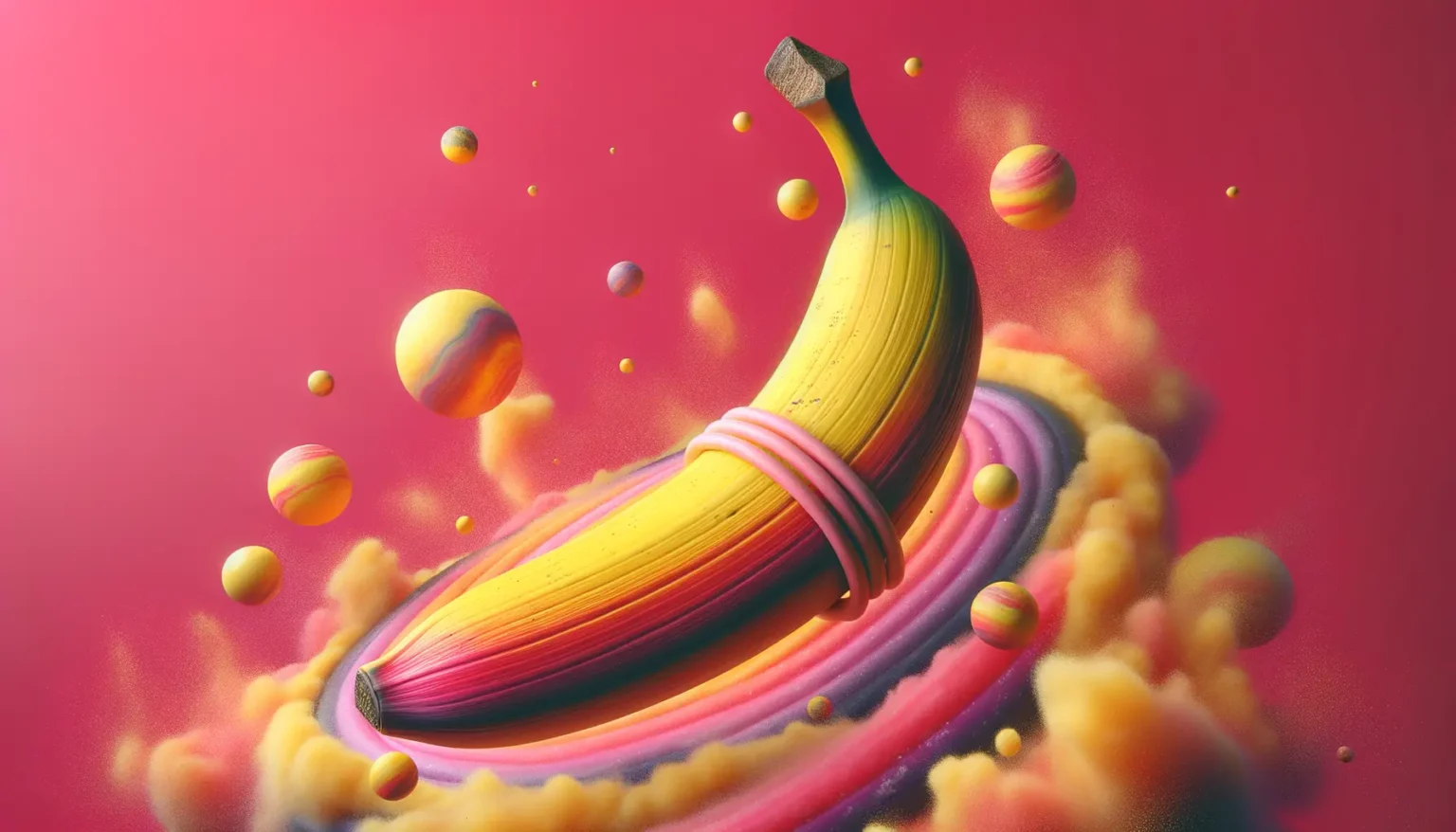 Eine stilisierte, surreale Darstellung einer Banane mit rosa Gummibändern umwickelt, schwebend auf einem leuchtenden, pastellfarbenen Wirbel vor einem vibrierenden pinken Hintergrund, begleitet von schwebenden, bunten Kugeln und nebligen Explosionen.