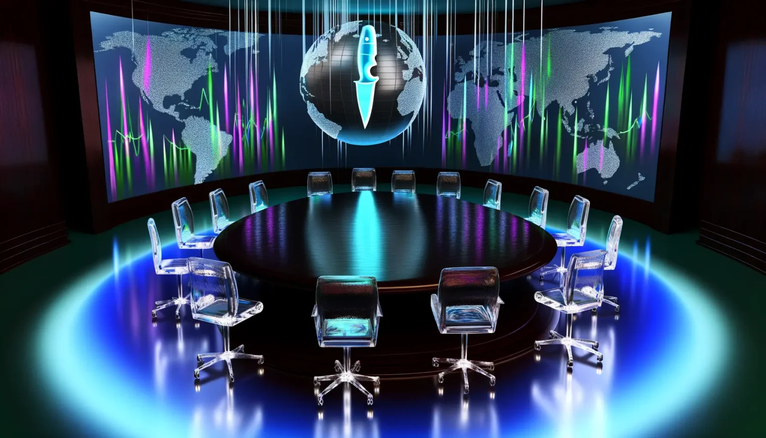 Ein futuristisch gestalteter Konferenzsaal mit einem ovalen Tisch und transparenten Stühlen. Die Wände sind mit Leinwänden verziert, die eine Weltkarte und dynamische, bunte Grafiken zeigen. Der Raum hat eine blaue Beleuchtungsatmosphäre und im Zentrum des Tisches scheint ein bläuliches Licht.