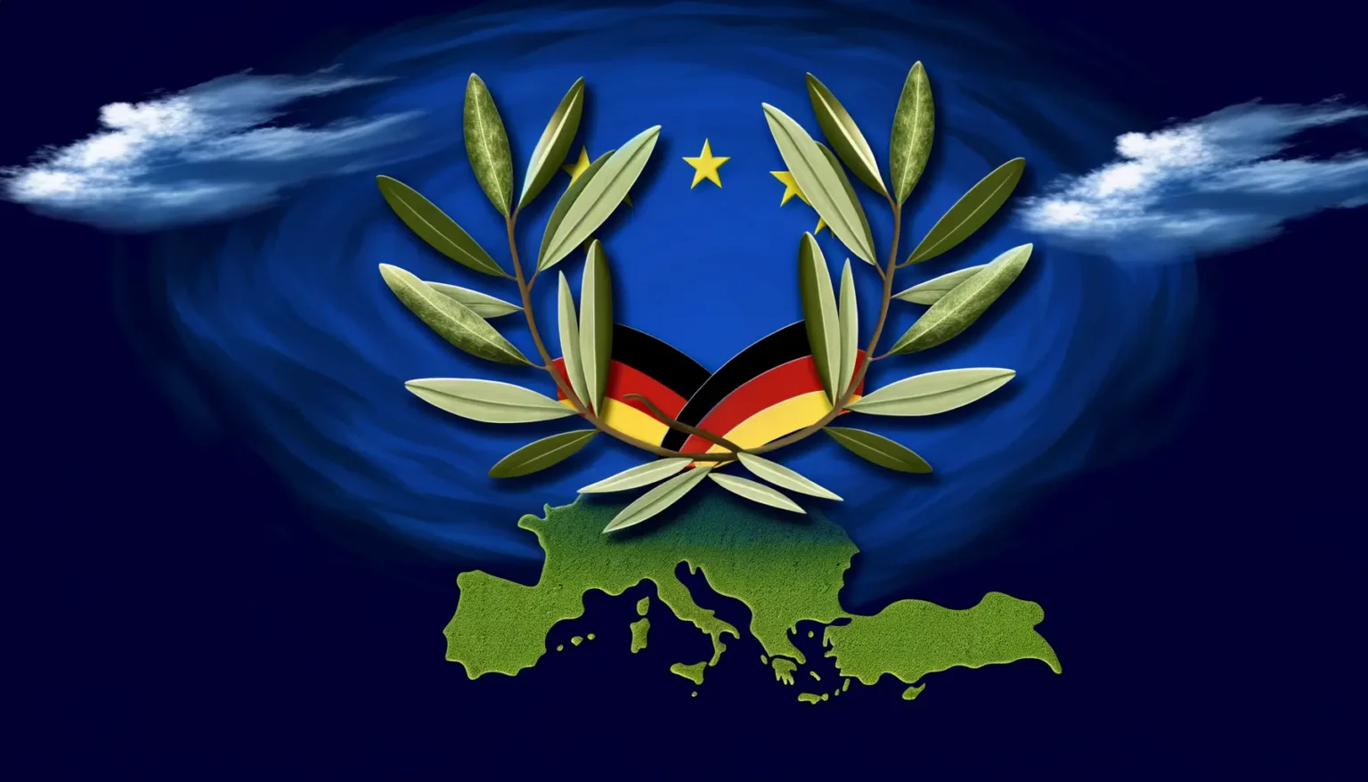 Digitale Abbildung mit einem stilisierten Olivenzweigkranz um ein zentriertes Emblem, das die deutschen Nationalfarben schwarz, rot und gold zeigt, vor einem dunkelblauen Hintergrund mit Wirbeleffekten und zwei weißen Wolken. Unten ist die grüne Kontur Europas zu erkennen.
