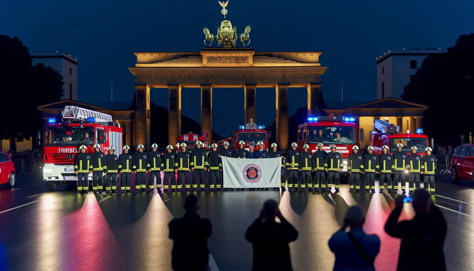 Feuerwehrleute in Uniform stehen in einer Reihe vor dem Brandenburger Tor in Berlin und halten ein Banner, während Menschen Fotos machen. Mehrere Feuerwehrfahrzeuge sind im Hintergrund mit eingeschalteten Blaulichtern positioniert. Es scheint eine nächtliche Veranstaltung oder Zeremonie zu sein.