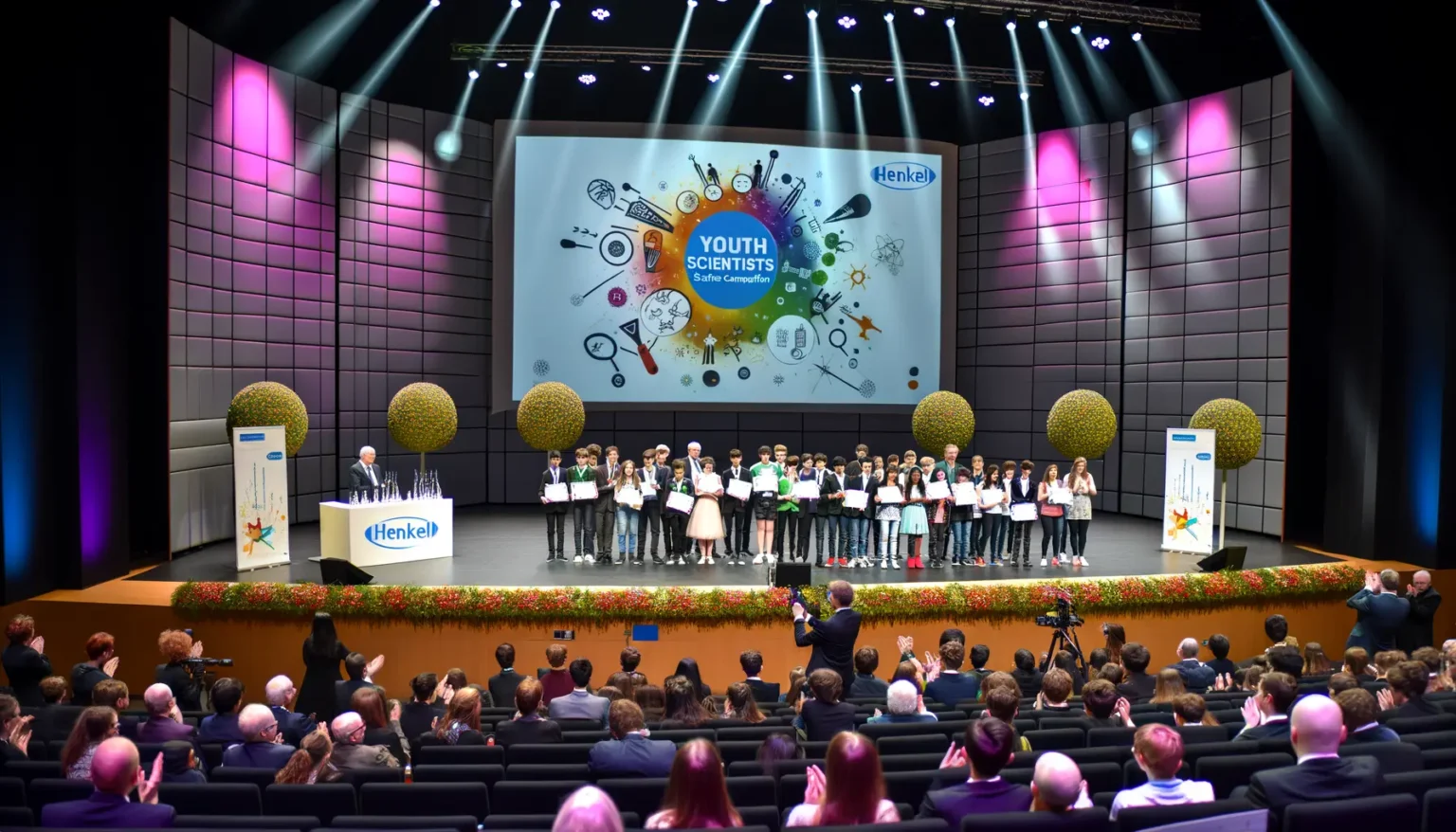 Gruppe junger Wissenschaftler auf einer Bühne bei einer Preisverleihung, Zuschauer klatschen, im Hintergrund eine große Leinwand mit der Aufschrift "YOUTH SCIENTISTS" und das Logo von Henkel.